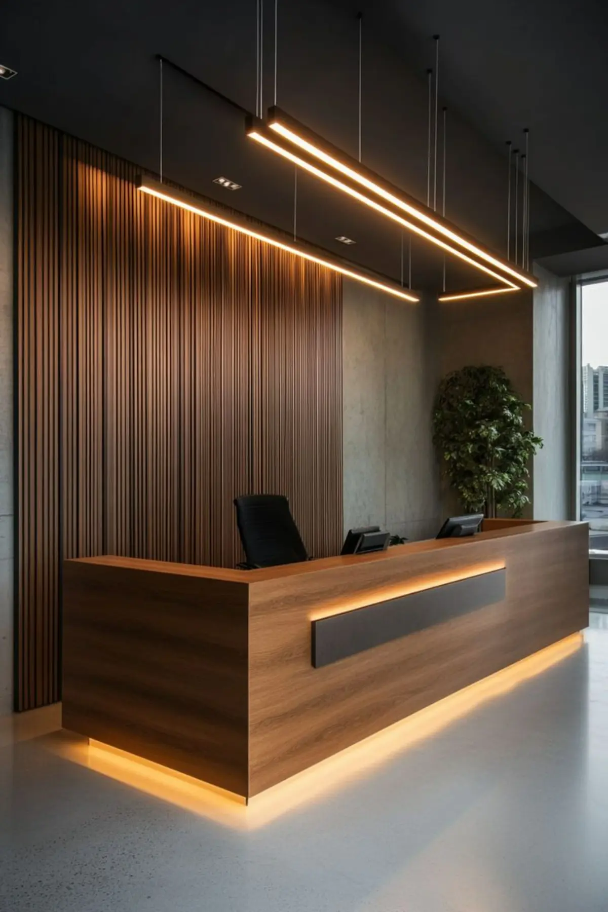 لابی اداری مدرن با میز چوبی با لوستر مدرن و نورپردازی در پاخور میز