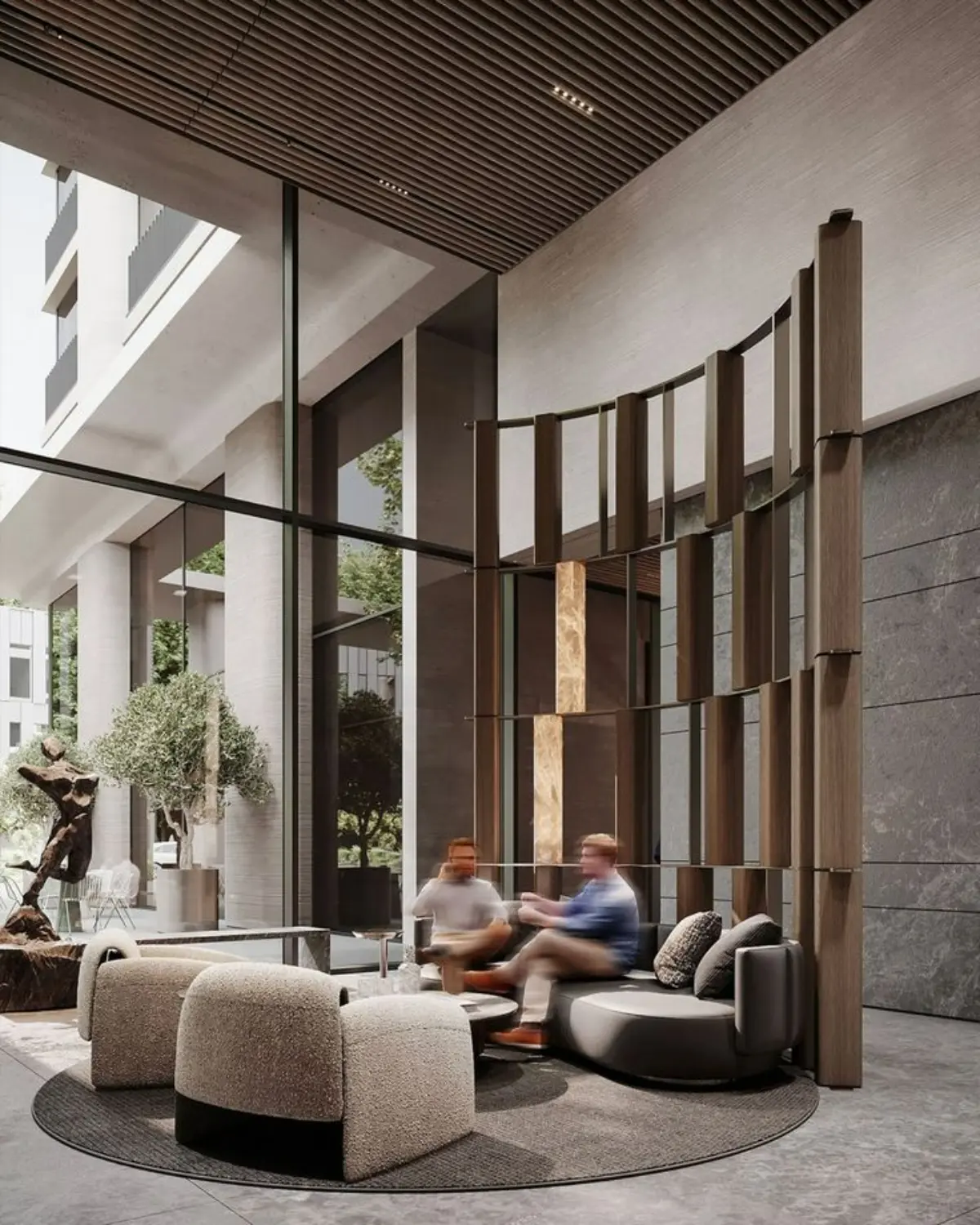 لابی اداری با پارتیشن چوبی و مبل مینیمال