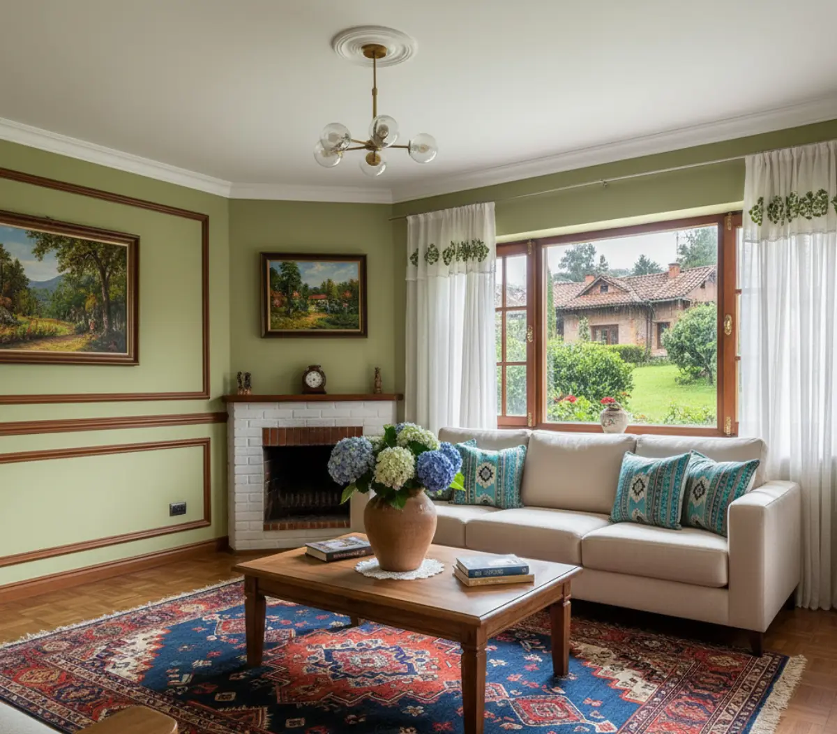 خانه بازسازی شده با کفپوش چوبی و دیوارهای رنگ سفید و مبل کرم و پنجره چوبی و فرش ایرانی