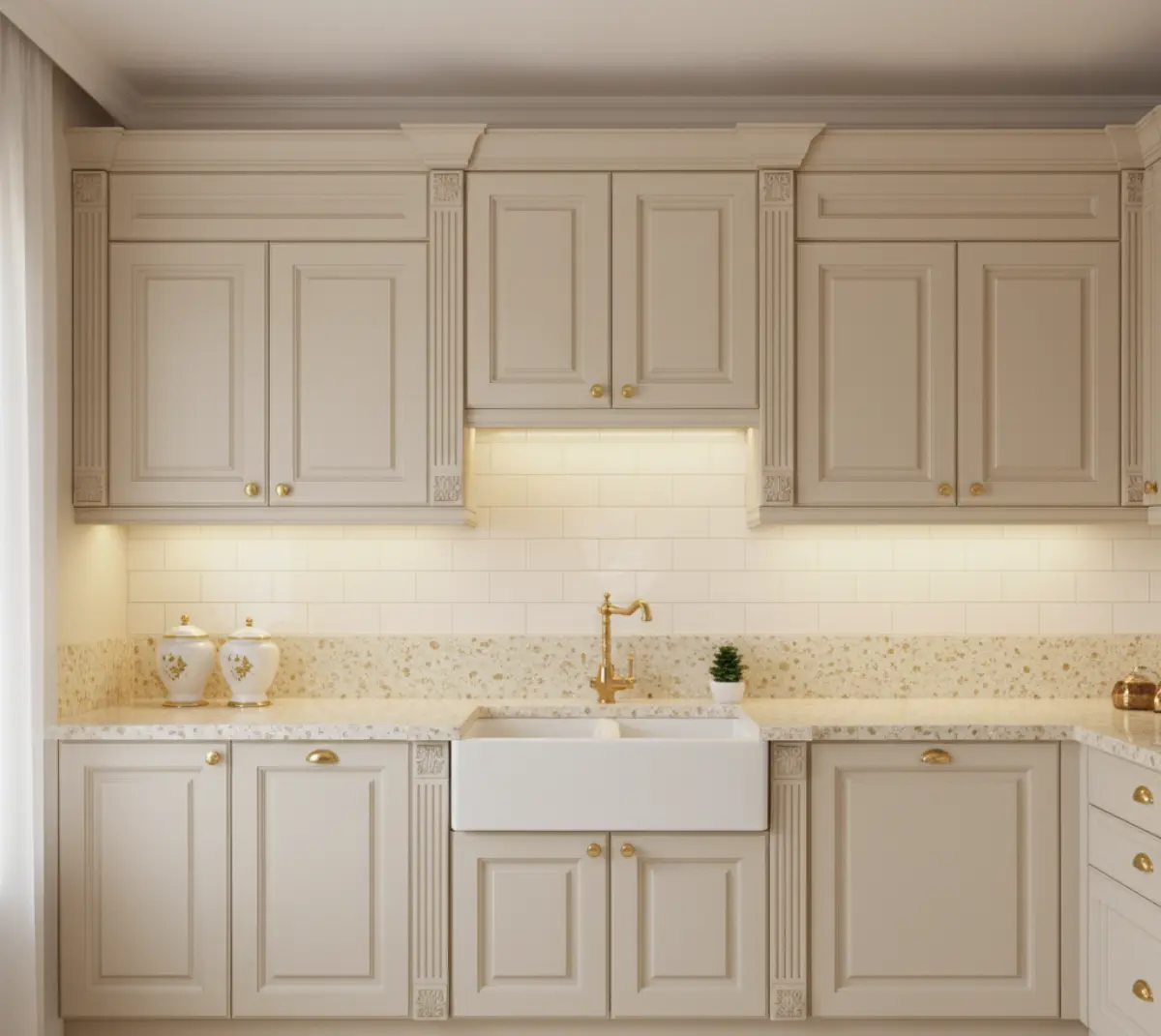 کابینت کلاسیک کرم با دستگیره طلایی با صفحه کابینت و بین‌کابینتی کرم شنی