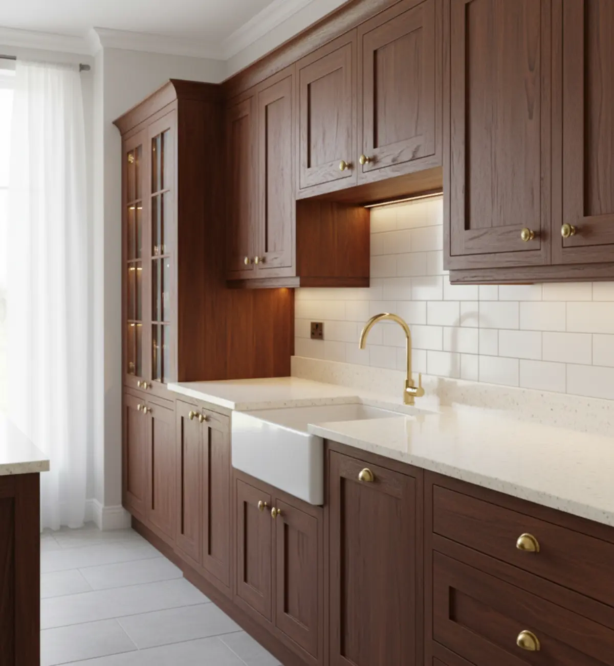 صفحه کابینت کرم شنی برای کابینت نئوکلاسیک چوبی و با دستگیره طلایی