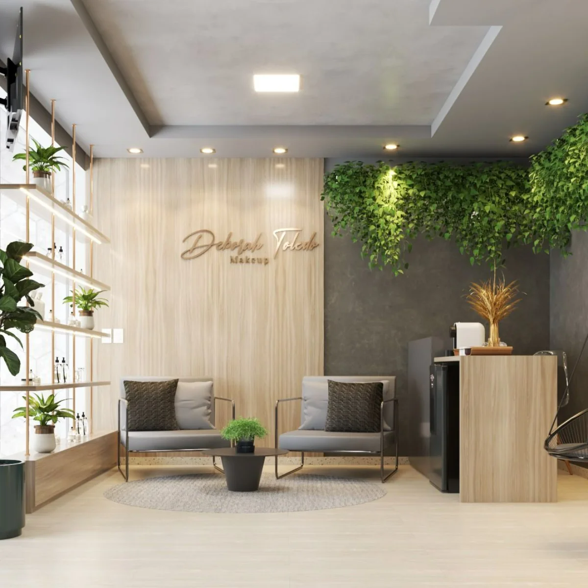 طراحی هوشمندانه دکوراسیون لابی اداری کوچک با قفسه دیواری و مبل مدرن طوسی