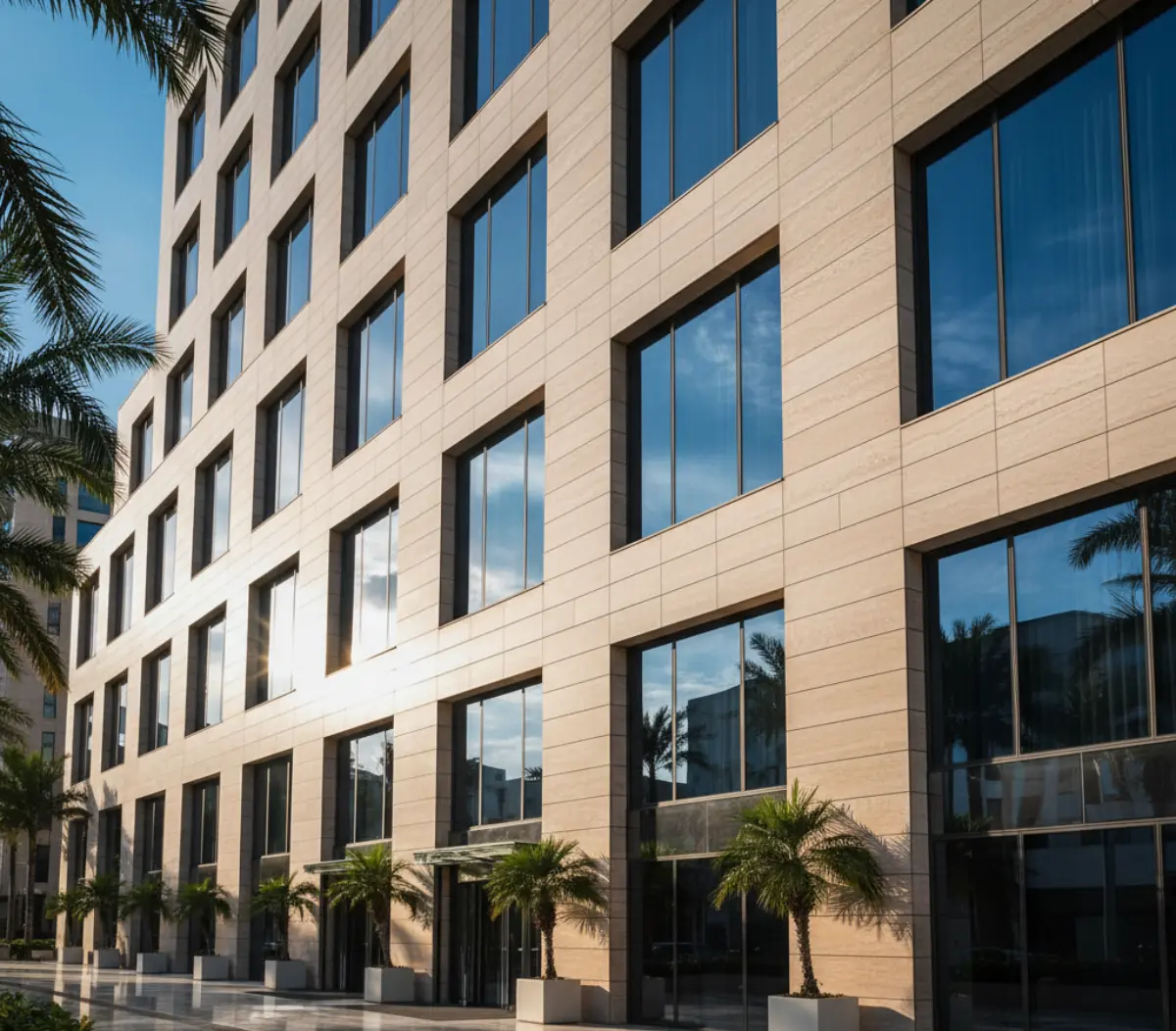 تراورتن نقرهای و کرم براق برای نمای تجای هتل