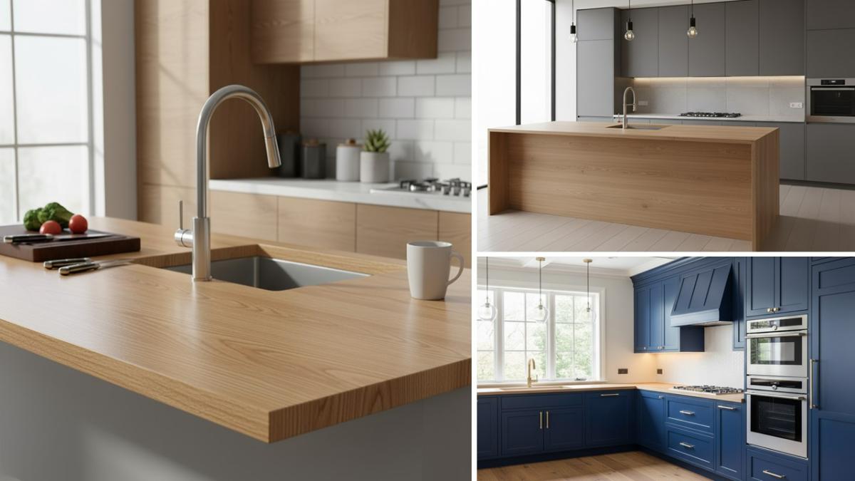 عکس شاخص صفحه کابینت اچ پی ال طرح چوب برای کابینت مدرن طوسی، نئوکلاسیک آبی و مدرن طوسی