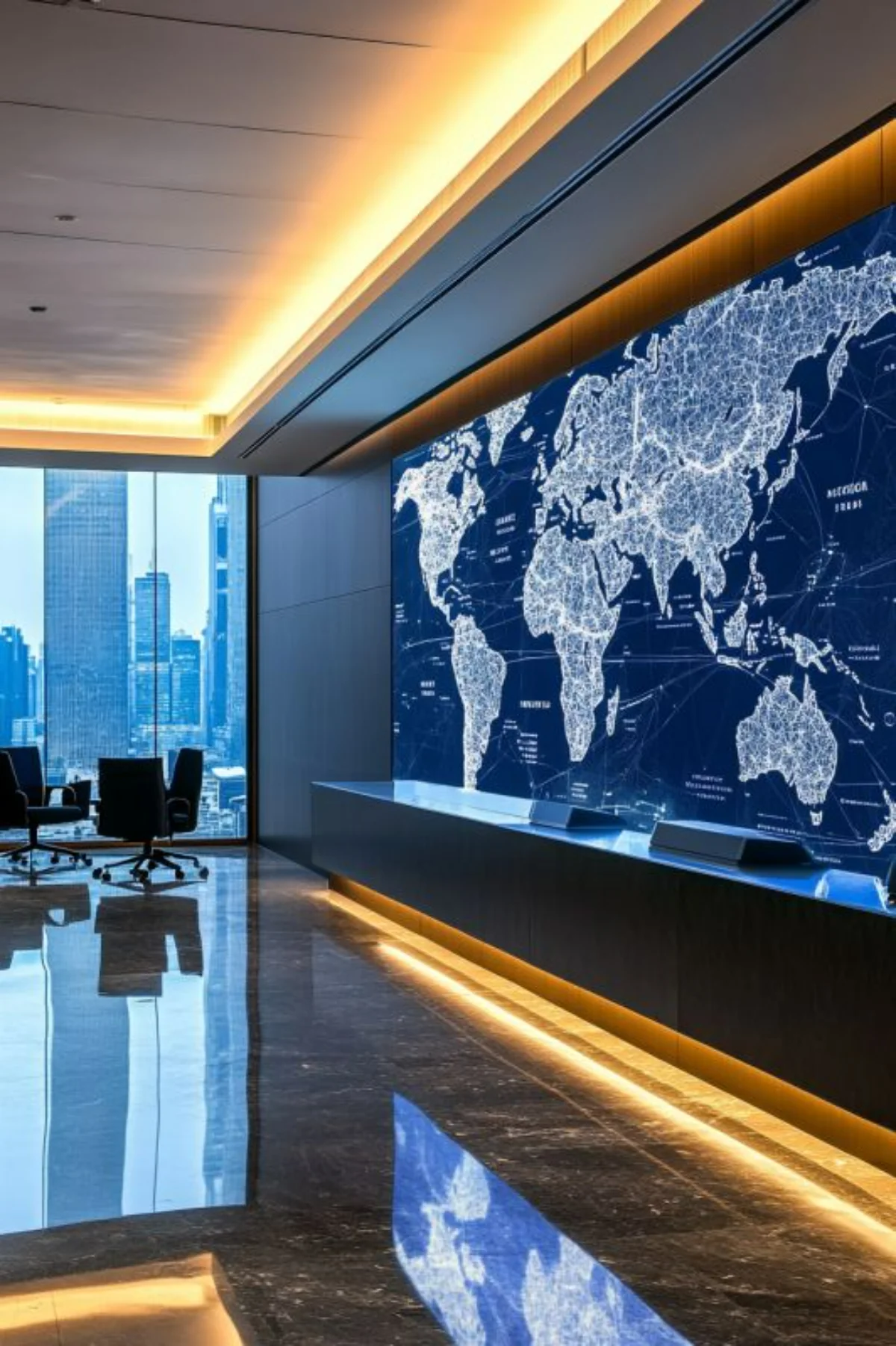 استفاده ازرنگ آبی و مشکی برای دیوار و کفپوش لابی