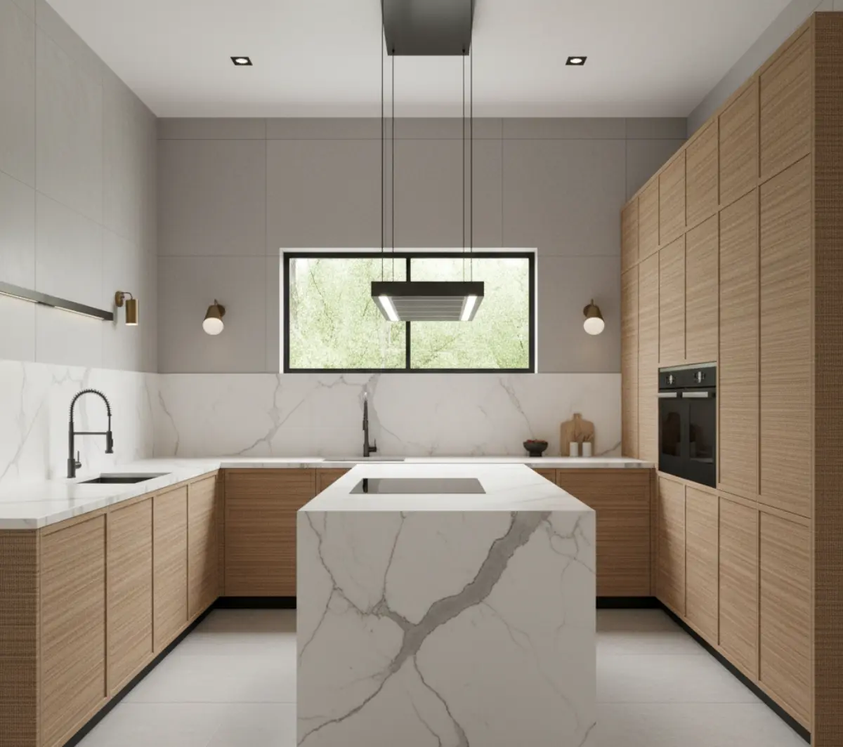 کابینت ام دی اف حصیری مدرن بدون دستگیره با جزیره سنگی سفید