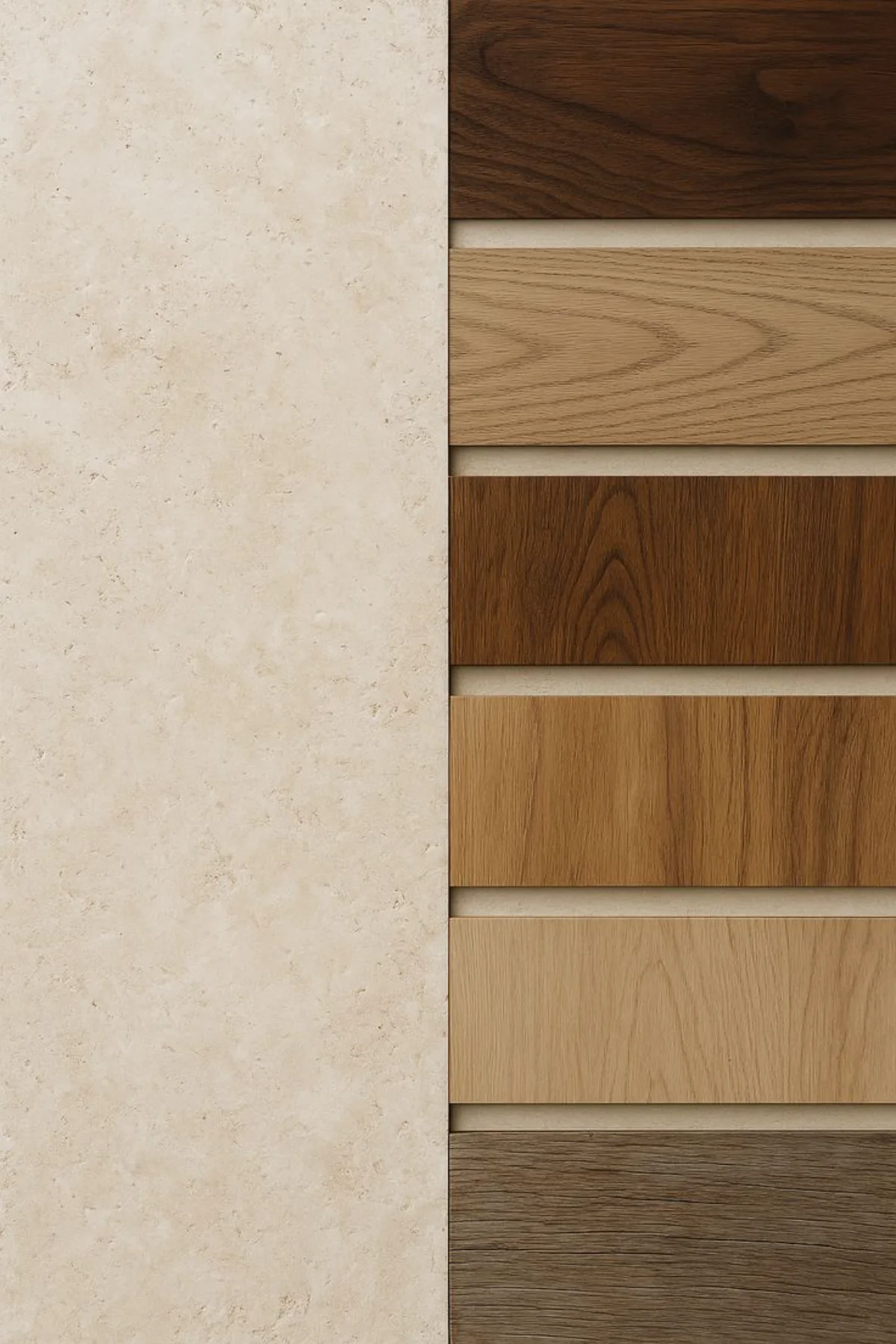 تصویری از شش رنگ صفحه کابینت HPL طرح چوب در کنار دیوار سفید رنگ