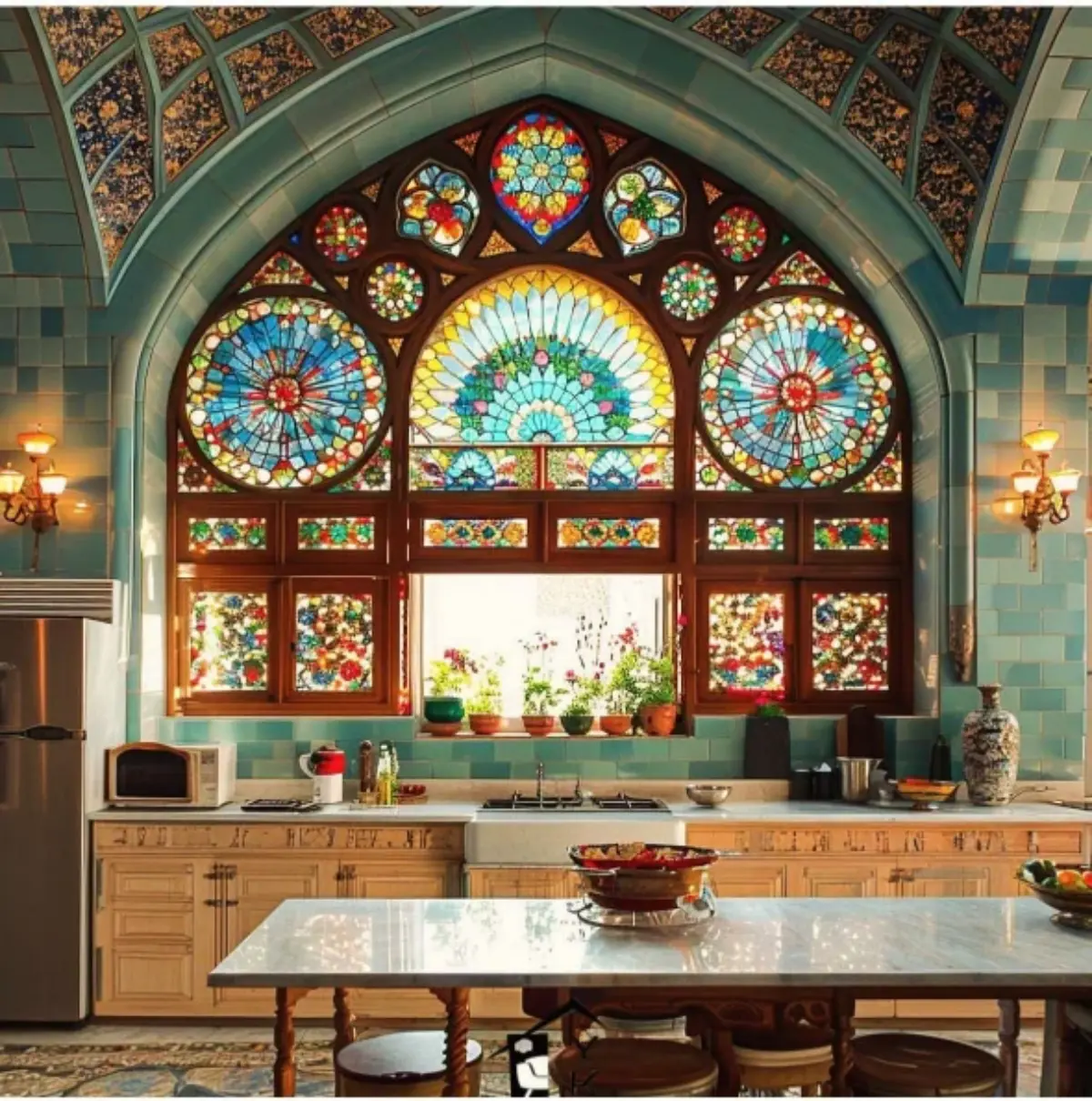 آشپزخانه سنتی و قدیمی بازسازی شده با کابینت چوبی و پنحره با شیشه رنگی