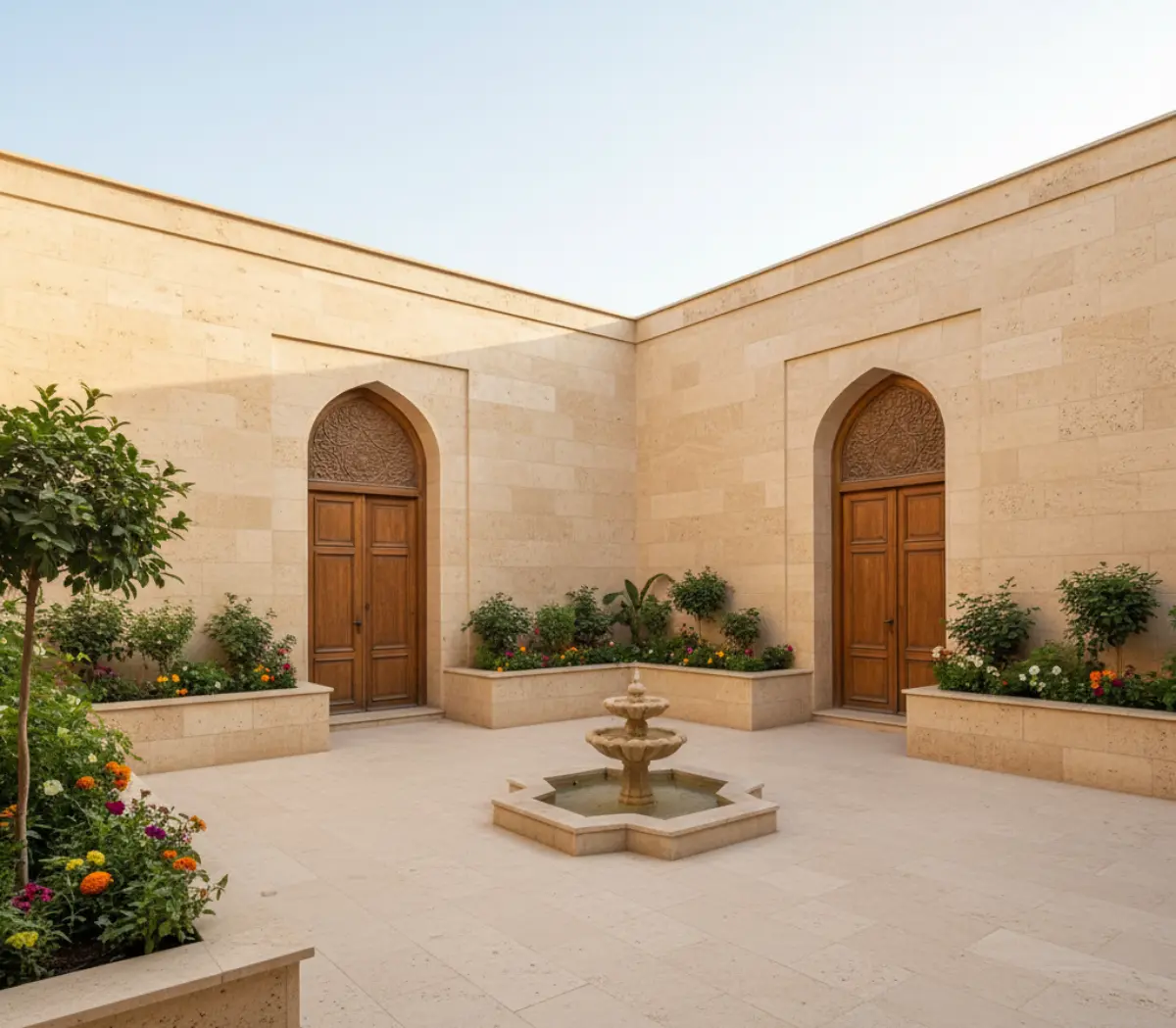 تراورتن بژ برای دیوار حیاط با حوض