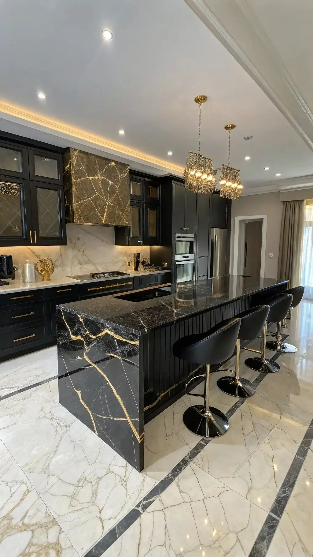 صفحه کابینت طرح سنگ مشکی طلایی برای کابینت نئوکلاسیک مشکی