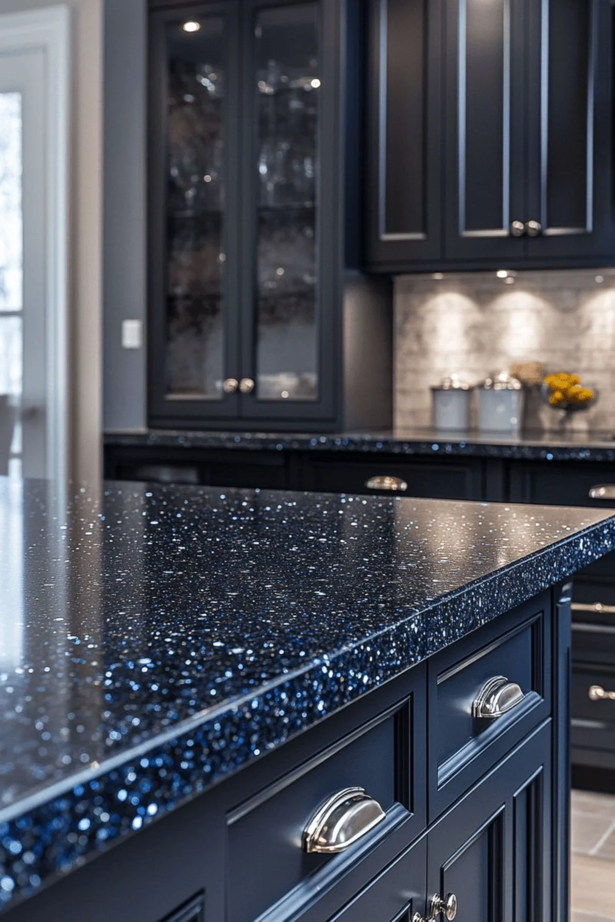 صفحه کابینت سه سانتی مشکی طرح سنگ با خال‌های آبی و سفید و کابینت نئوکلاسیک سورمه‌ای 
