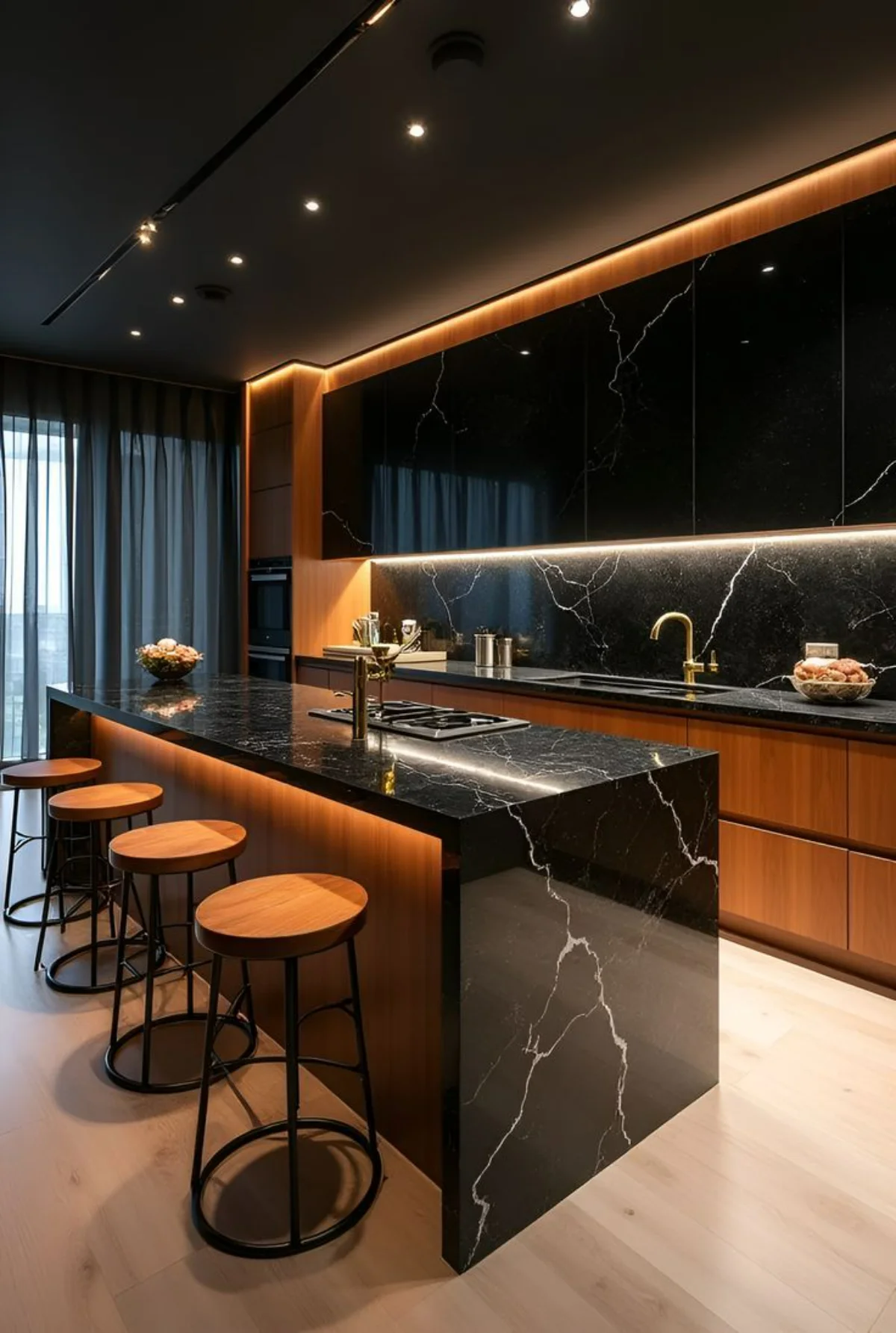 صفحه کابینت طرح سنگ مشکی با خطوط سفید برای کابینت مدرن چوبی