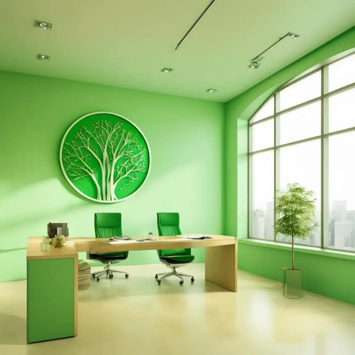 دکودراسیون اداری با دیوار، تابلو و صندلی سبز و میز چوبی