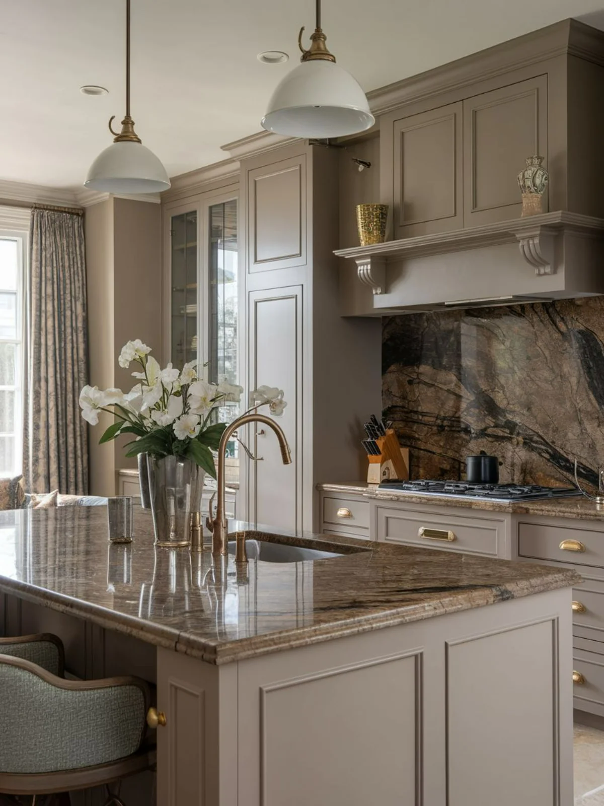 صفحه کابینت طرح سنگ قهوهای برای کابینت طوسی