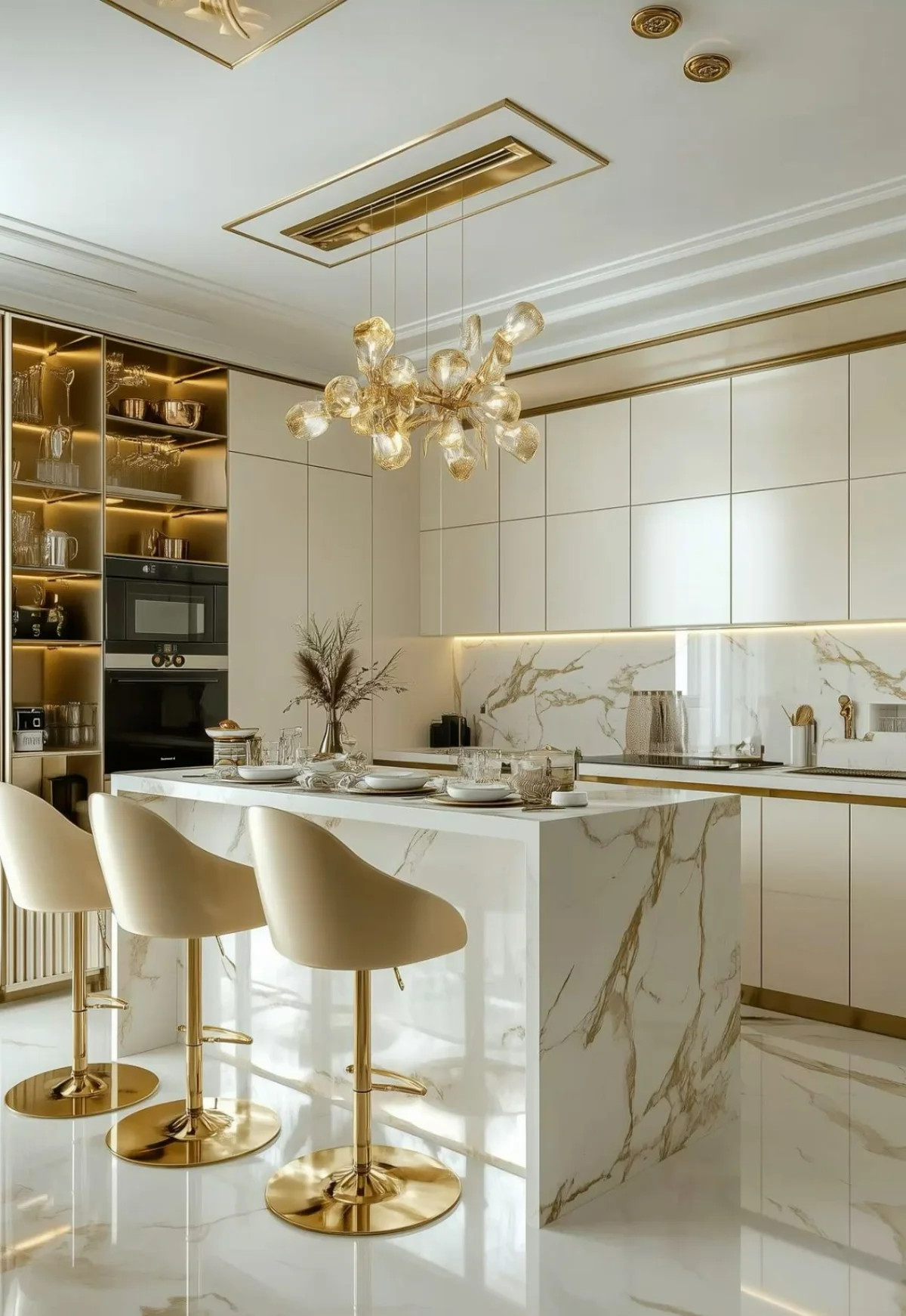 صفحه کابینت طرح سنگ سفید طلایی برای کابینت مدرن سفید