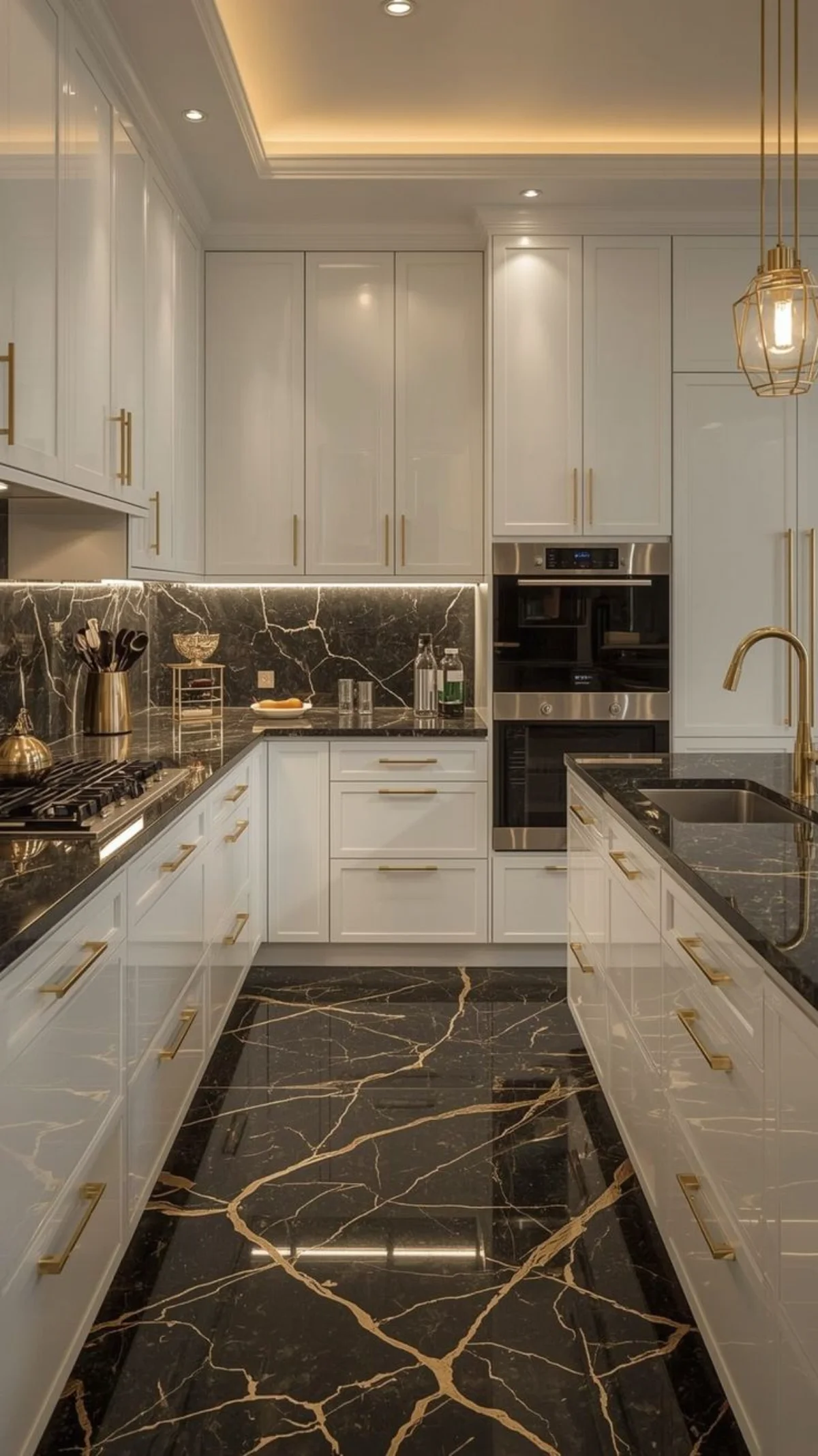 صفحه کابینت و کف پوش مشکی طرح سنگ با رگه‌های طلایی و کابینت نئوکلاسیک براق سفید