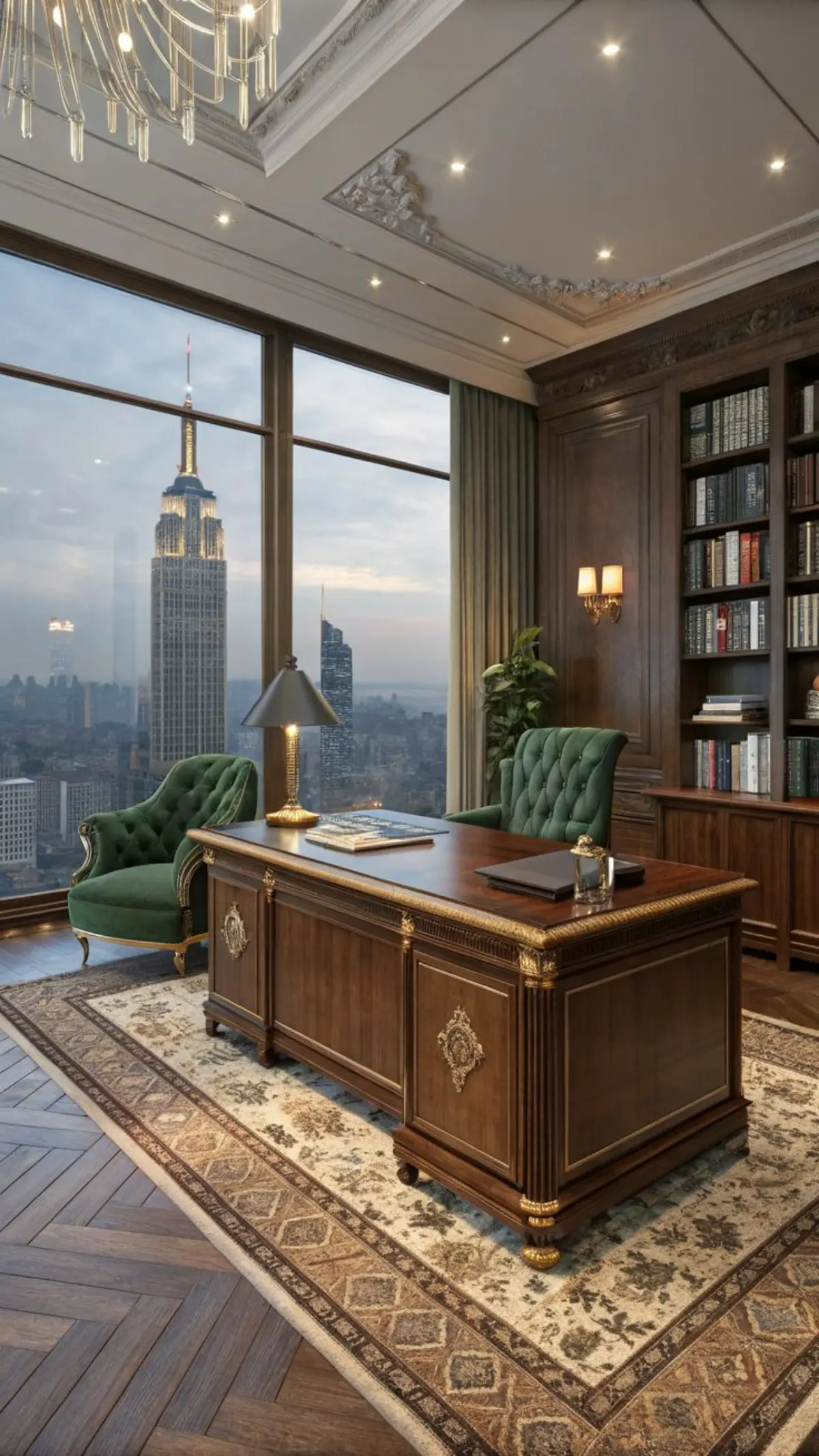 دکوراسیون اداری کلاسیک با میز چوبی و طلایی و کتابخانه چوبی