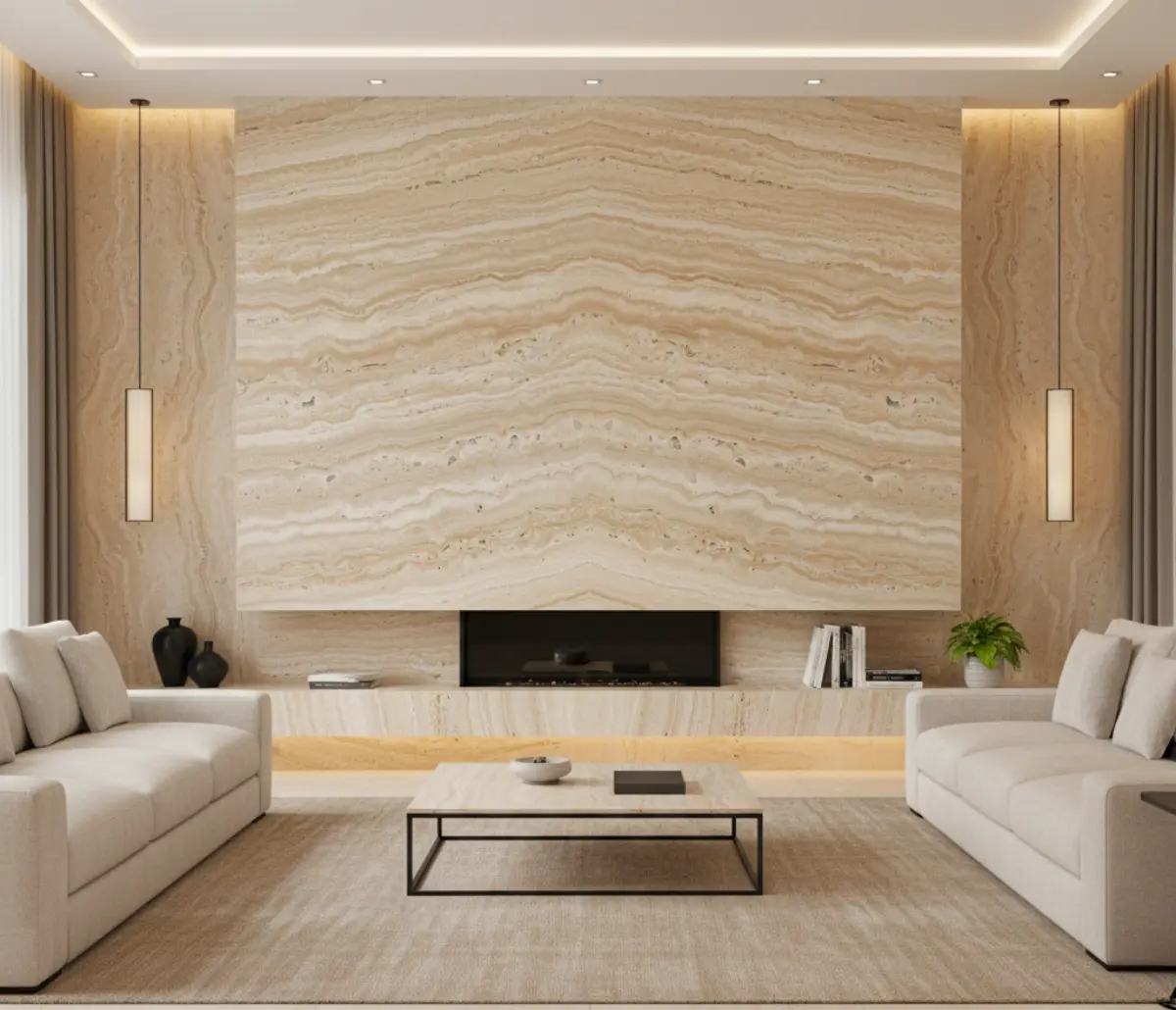 سنگ تراورتن سفید کرم برای دیوار نشیمن