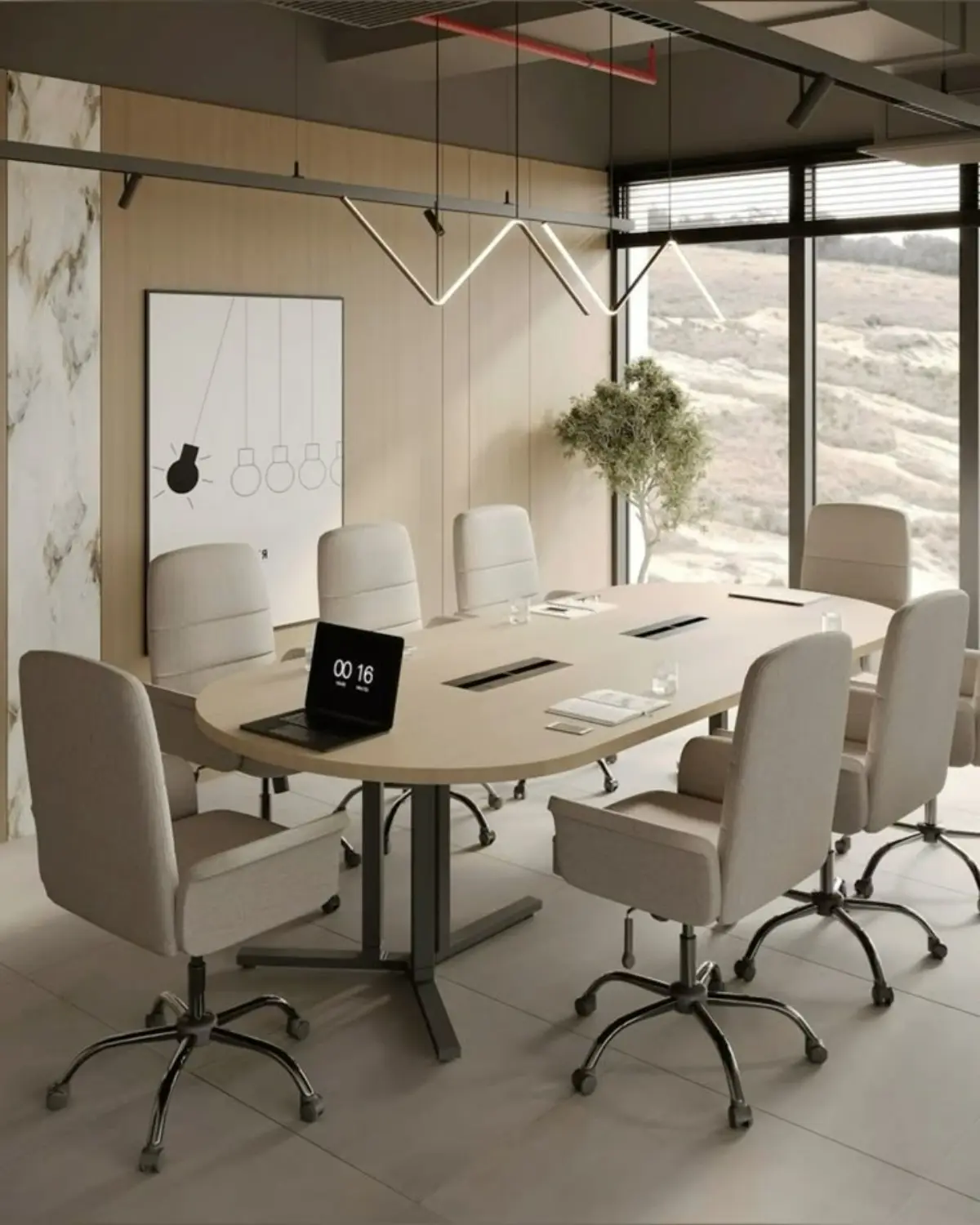 دکور اداری کرم با میز و صندلی و دیوار کرم