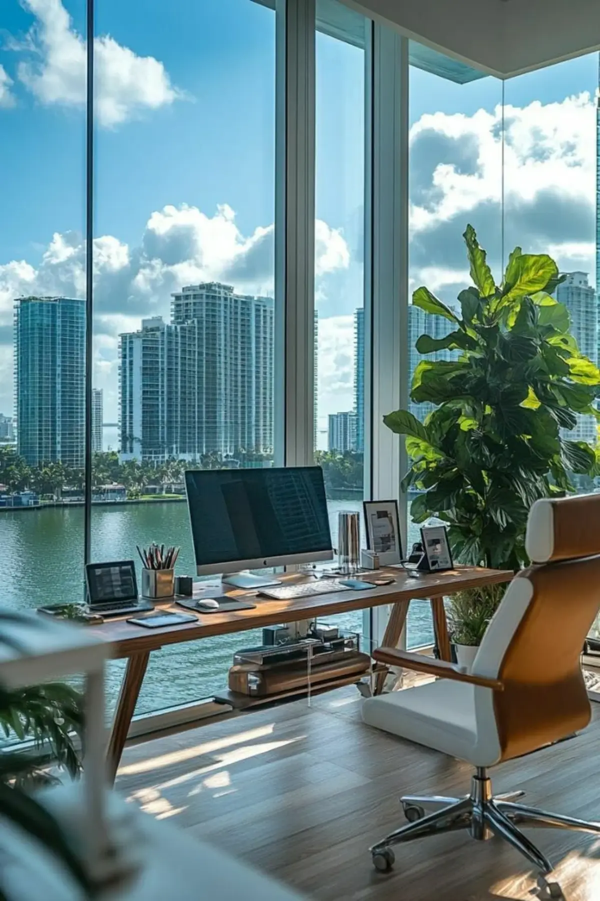 دفترکار اداری با میز چوبی رو به پنجره سرتاسری