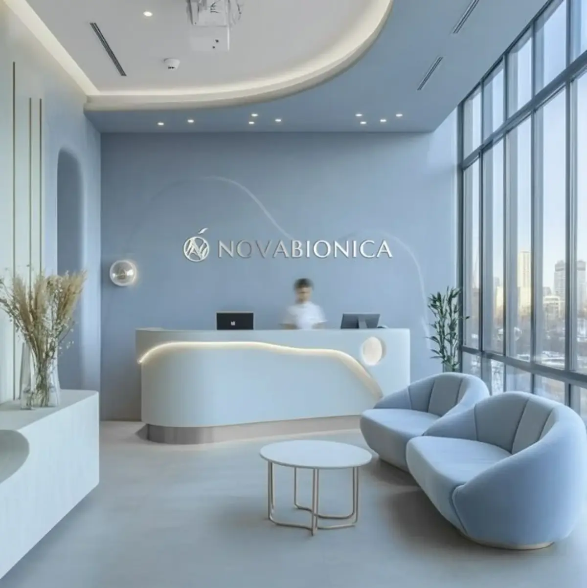 دکور اداری آبی آسمانی با فرش، صندلی و دیوار