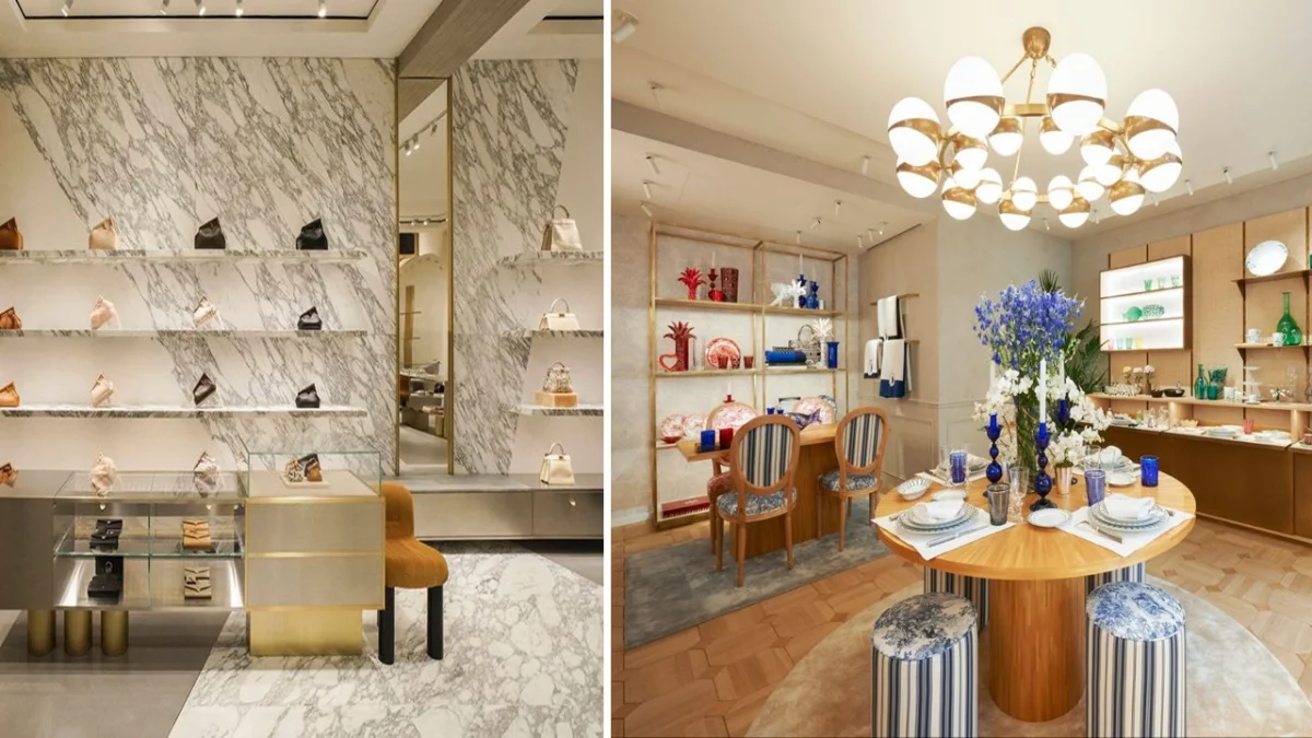 دکوراسیون مغازه دیور و فندی با میز چوبی و صندلی آبی و لوستر پر نور