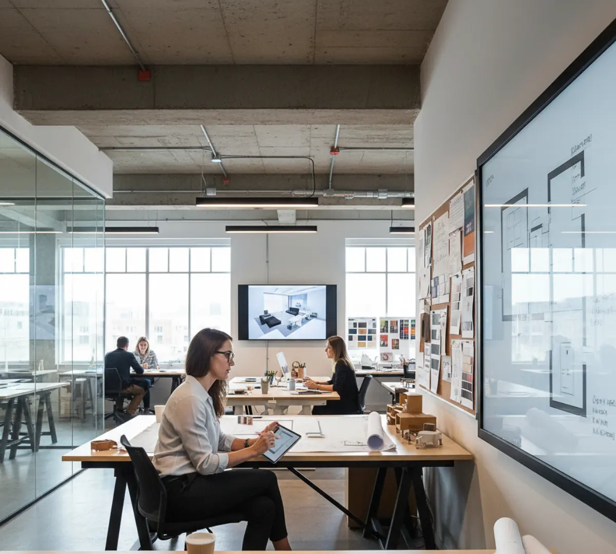 دکوراسیون اداری با میز و تخته و افراد در حال کار