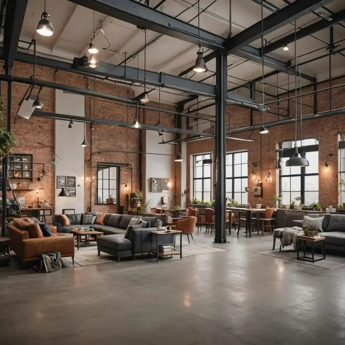 دکوراسیون اداری صنعتی با مبل ال شکل طوسی و دیوارهای آجرنما با میله مشکی