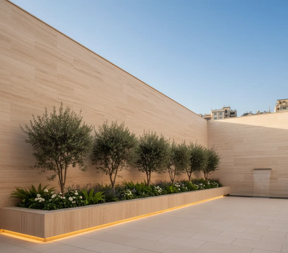 سنگ تراورتن برای دیوار حیاط با نورپردازی