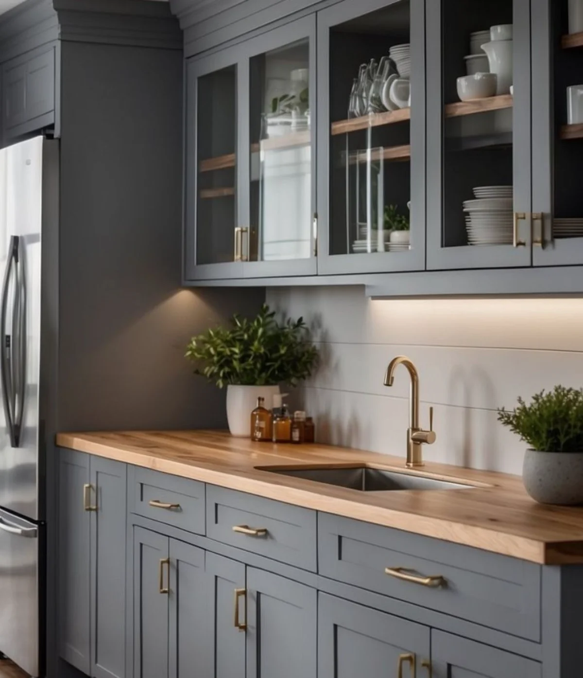 صفحه کابینت سه سانتی طرح چوب با کابینت نئوکلاسیک طوسی و کابینت‌های درب ویترینی در یونیت‌های بالایی 