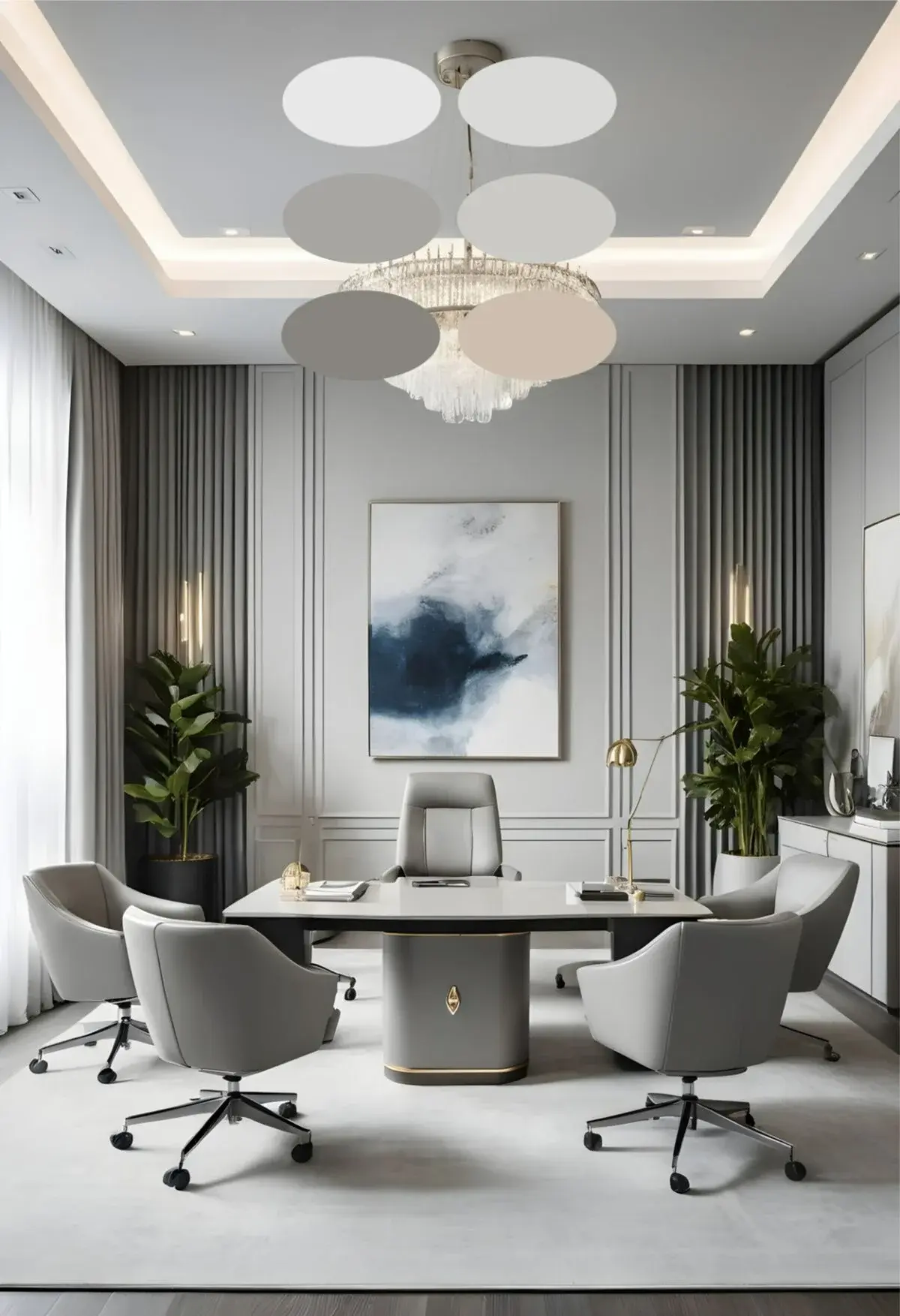 دکوراسیون اداری با میز، صندلی و دیوار طوسی