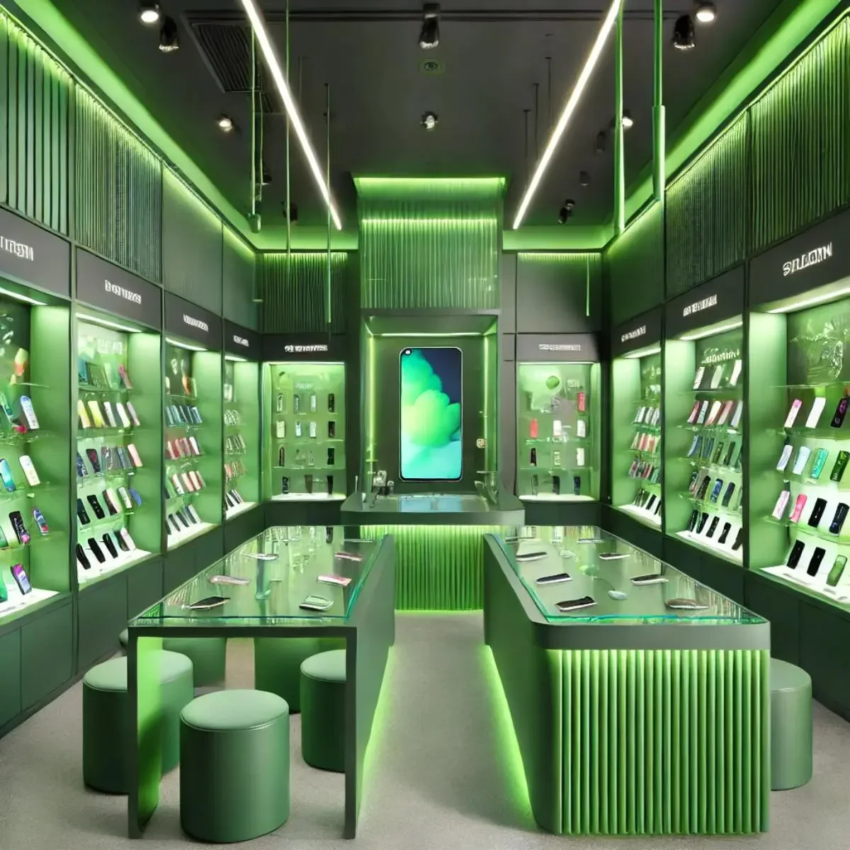 نورپردازی سبز در دکوراسیون غرفه نمایشگاهی با دکور سبز