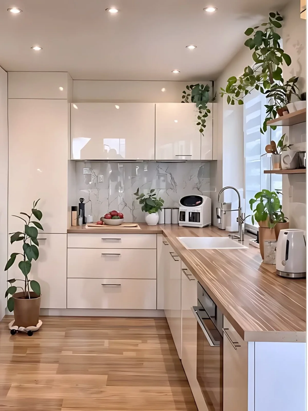 صفحه کابینت سه سانتی طرح چوب قهوه‌ای با کابینت مدرن سفید براق و کف پوش طرح چوب 