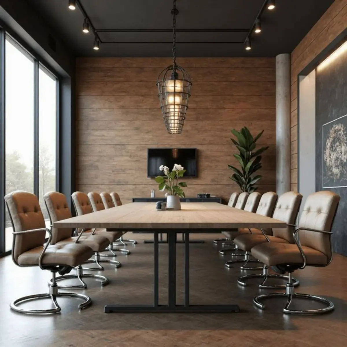 دکوراسیون اداری صنعتی با دیوار چوبی و میز فلزی چوبی و صندلی قهوهای