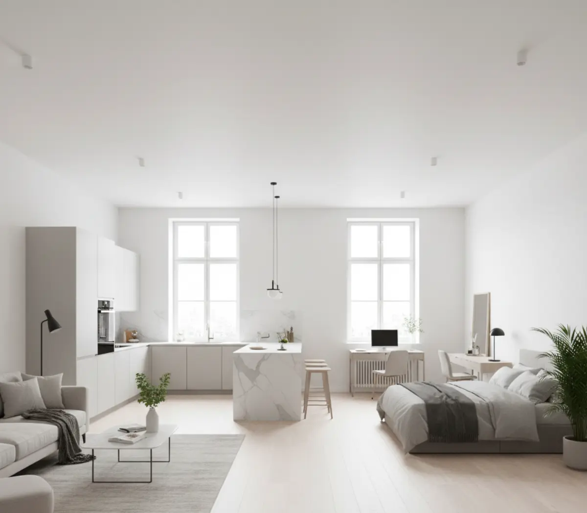 یکپارچه کردن آشپزخانه با نشیمن در خانه 40 متری مدرن با کابینت و مبلمان سفید