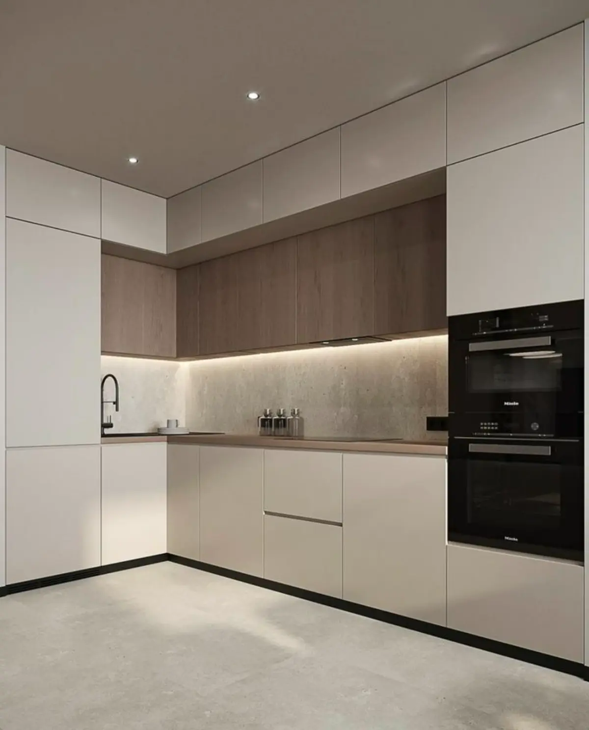 بین‌کابینتی رنگ روشن با کابینت سفید مات بدون دستگیر