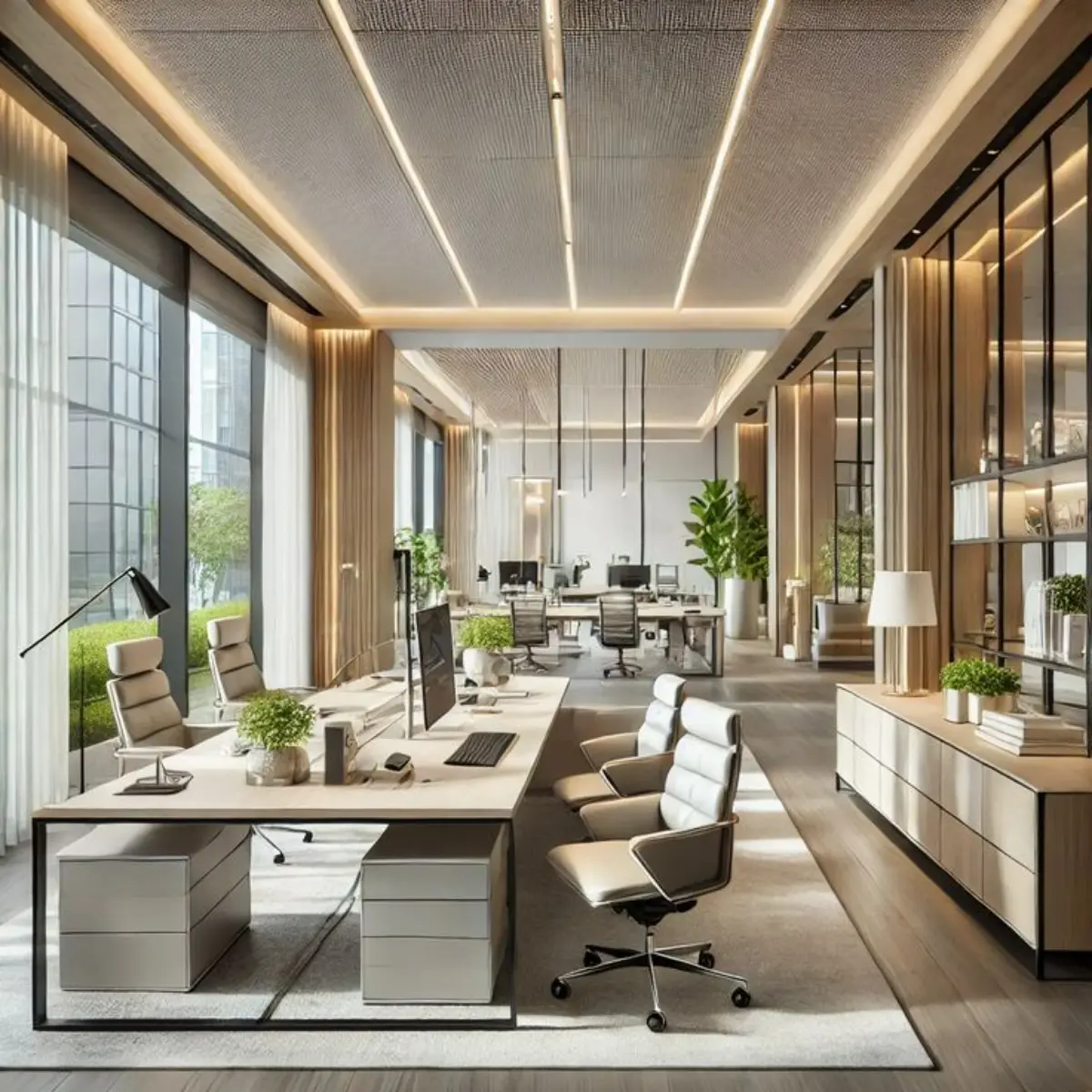 میز اداری کرم با صندلی کرم و فایل کشو دار