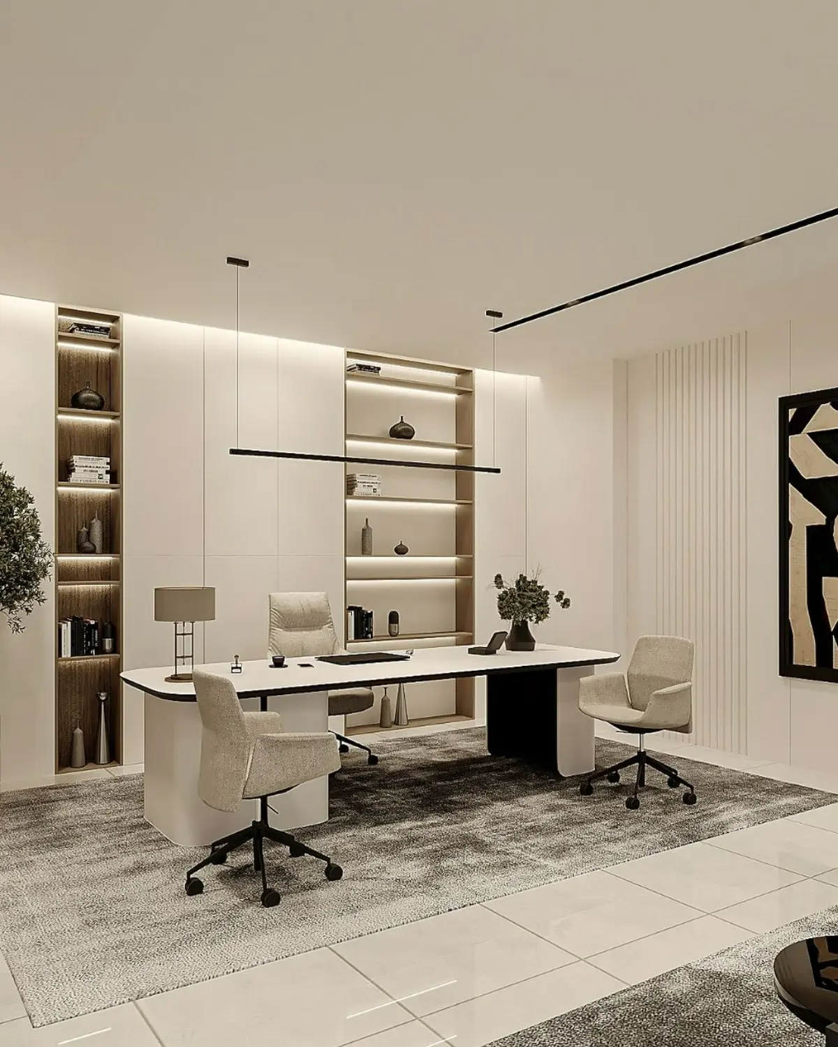 دکوراسیون اداری مدرن سفید با میز سفید