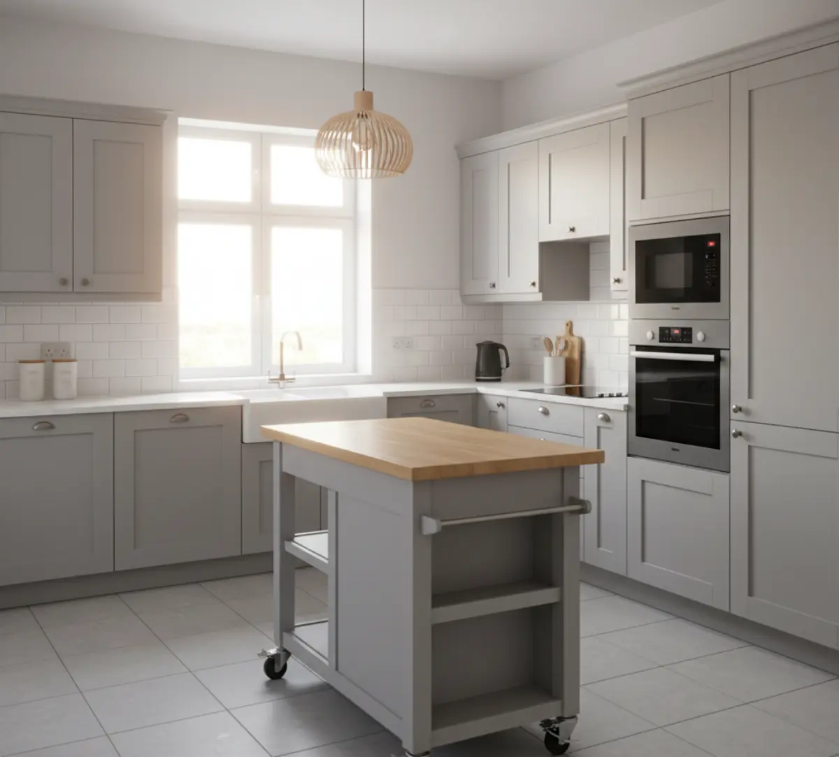 آشپزخانه با کابینت طوسی نئوکلاسیک و جزیره کوچک متحرک