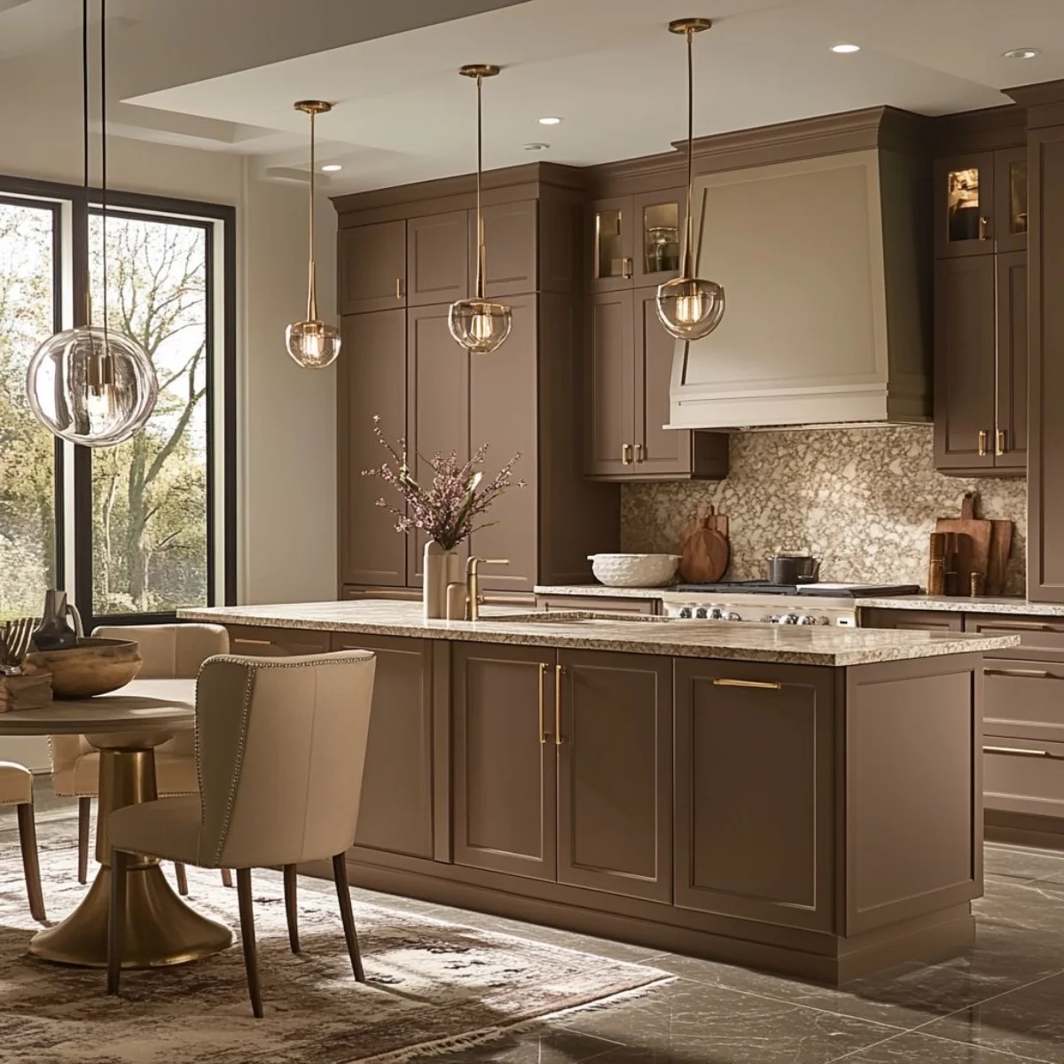کابینت نئوکلاسیک نسکافه‌ای با اپن جزیره و دستگیره‌های طلایی و کاور هود کرم و سه لوستر‌ مدرن حبابی در بالای اپن
