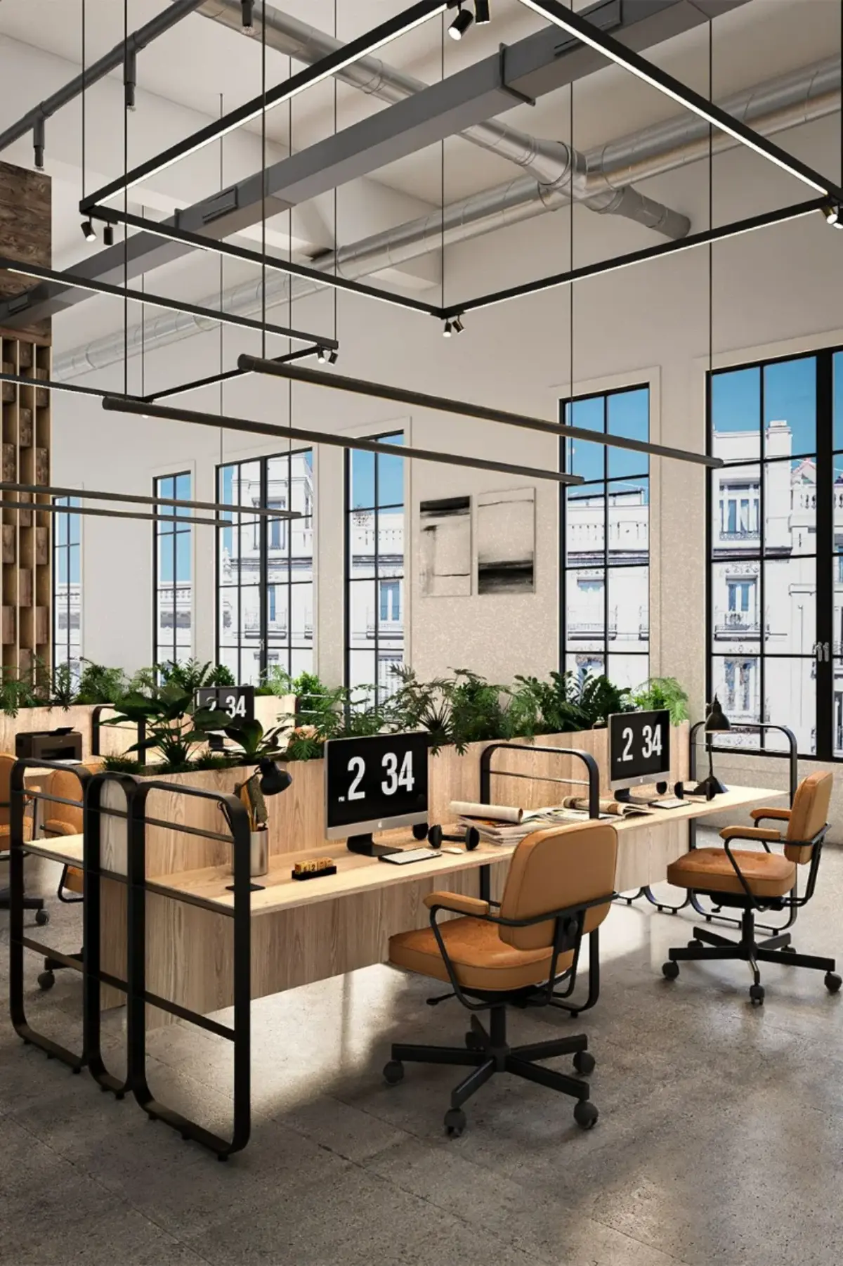 دکوراسیون اداری صنعتی کوچک با میز چوبی و پایه فلزی مشکی و صندلی چرمی