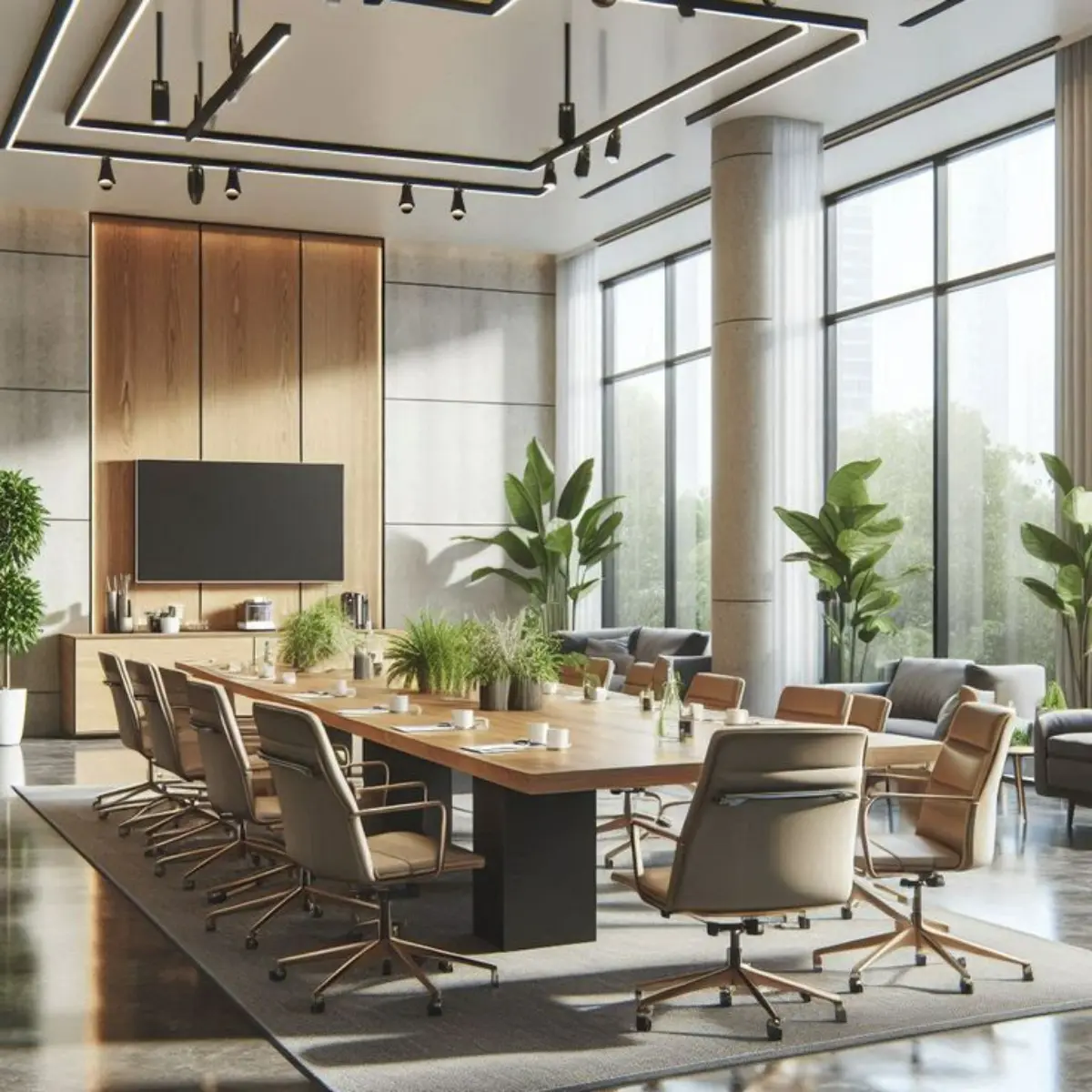 میز کنفرانس اداری با تی وی و دیوار چوبی و نورپردازی