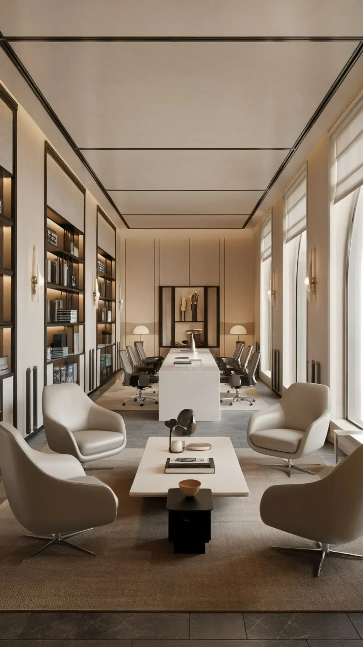 دکوراسیون ادای با میز و صندلی سفید و کتابخانه