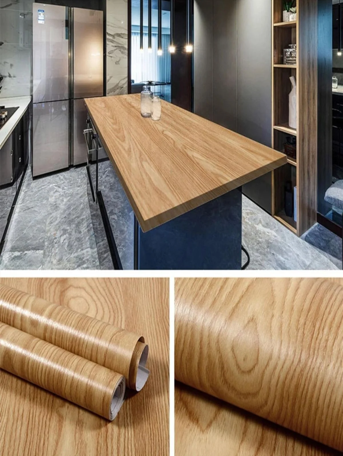 پن جزیره با صفحه کابینت پی وی سی و با روکش طرح چوب و نمای نزدیک از رول روکش صفحه کابینت در پایین تصویر