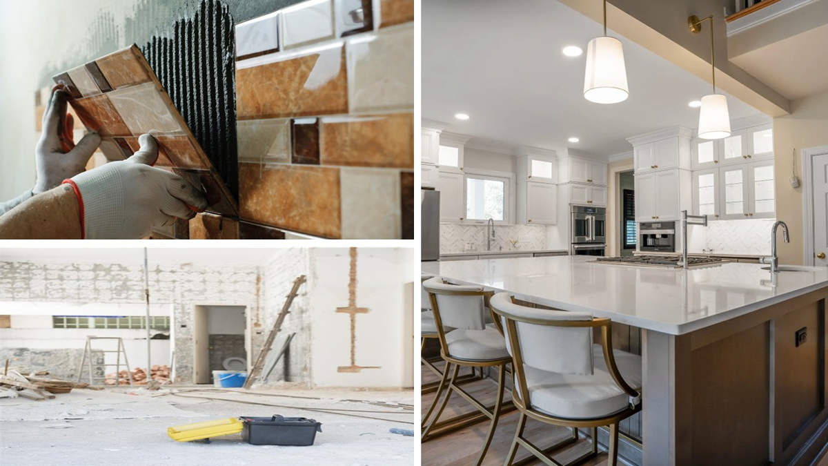 تصویر شاخص آشپزخانه کوچک بازسازی شده و بازسازی دیوار و نشیمن خانه کوچک