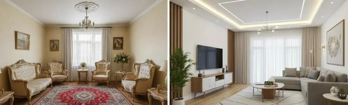 قبل و بعد از بازسازی نشیمن خانه قدیمی و مدرن