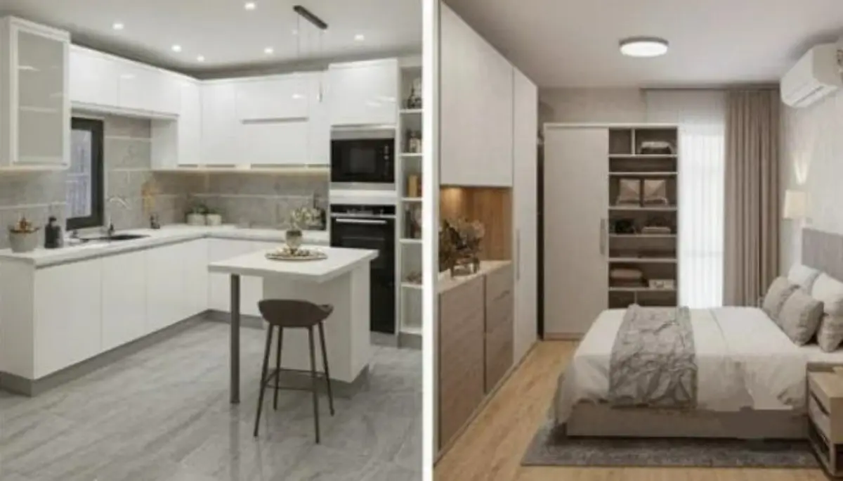 آشپزخانه با کابینت مدرن و سفید و اتاق خواب با کمد