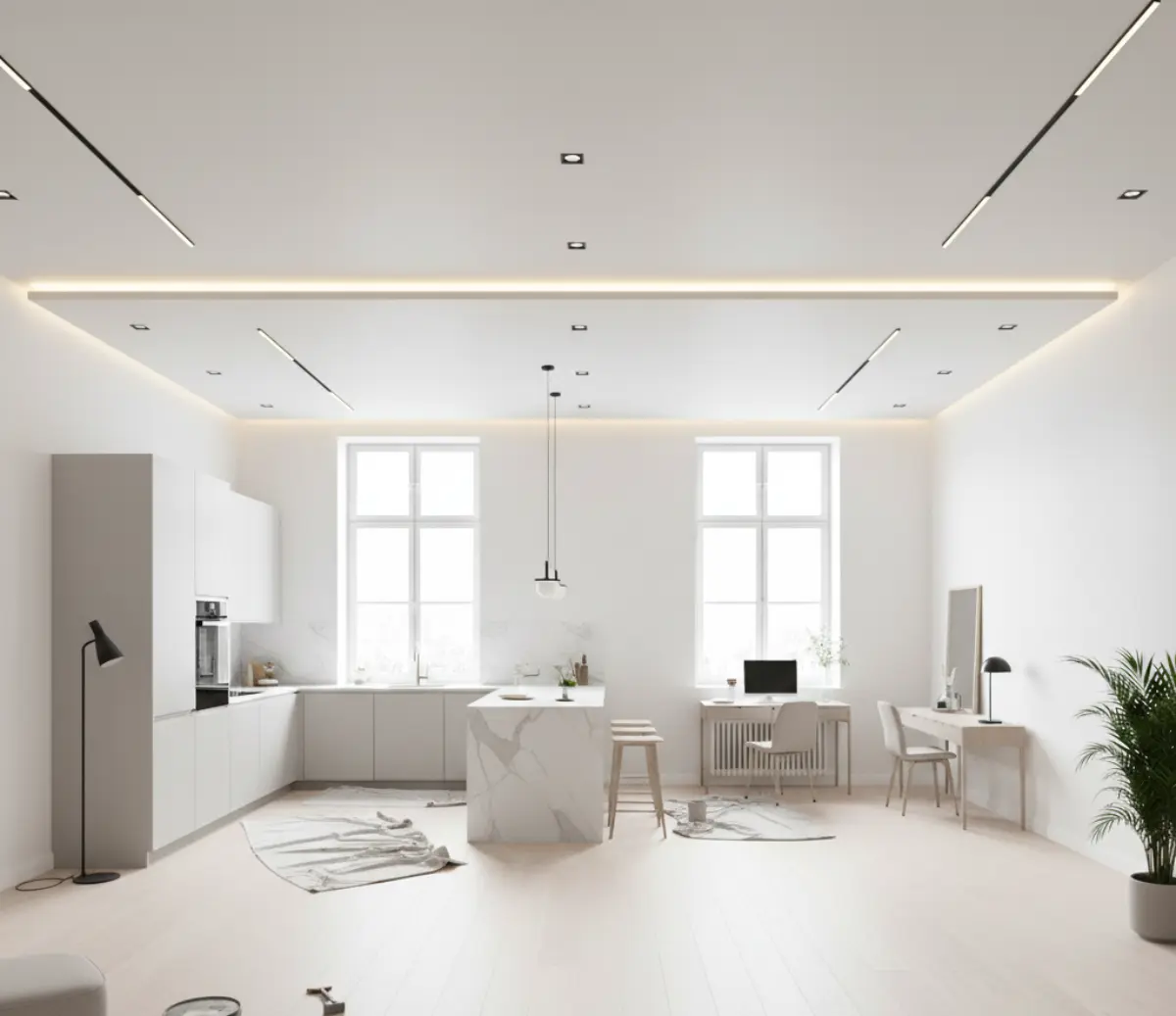 سقف کاذب مینیمال با نورپردازی در نشیمن خانه