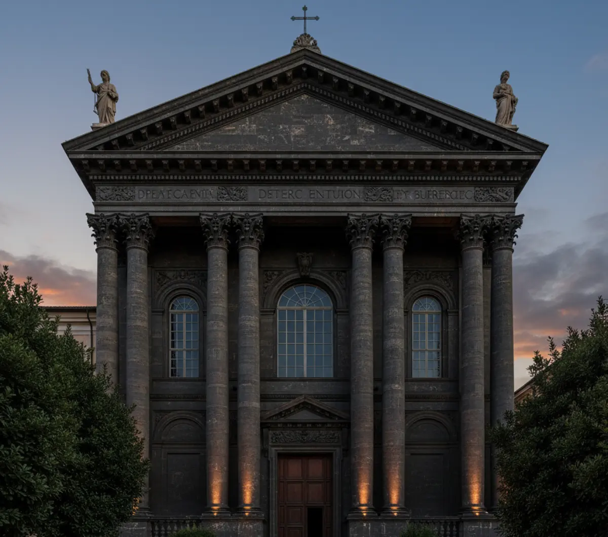 سنگ تراورتن مشکی برای نمای رومی با نورپردازی زرد