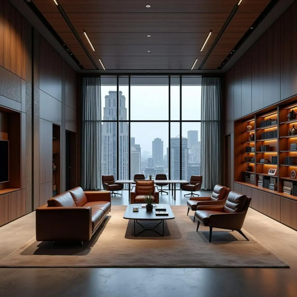 دکوراسیون اداری با صندلی چرمی، کتابخانه چوبی با نورپردازی و فرش قهوه‌ای